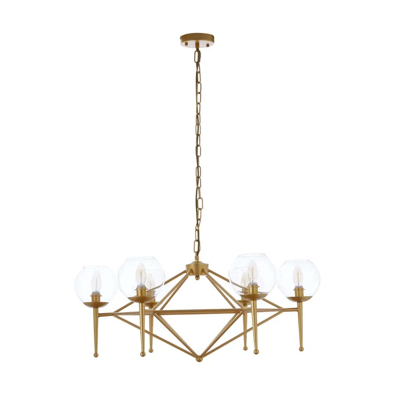 Modern gold chandelier with six glass globe shades and geometric metal frame