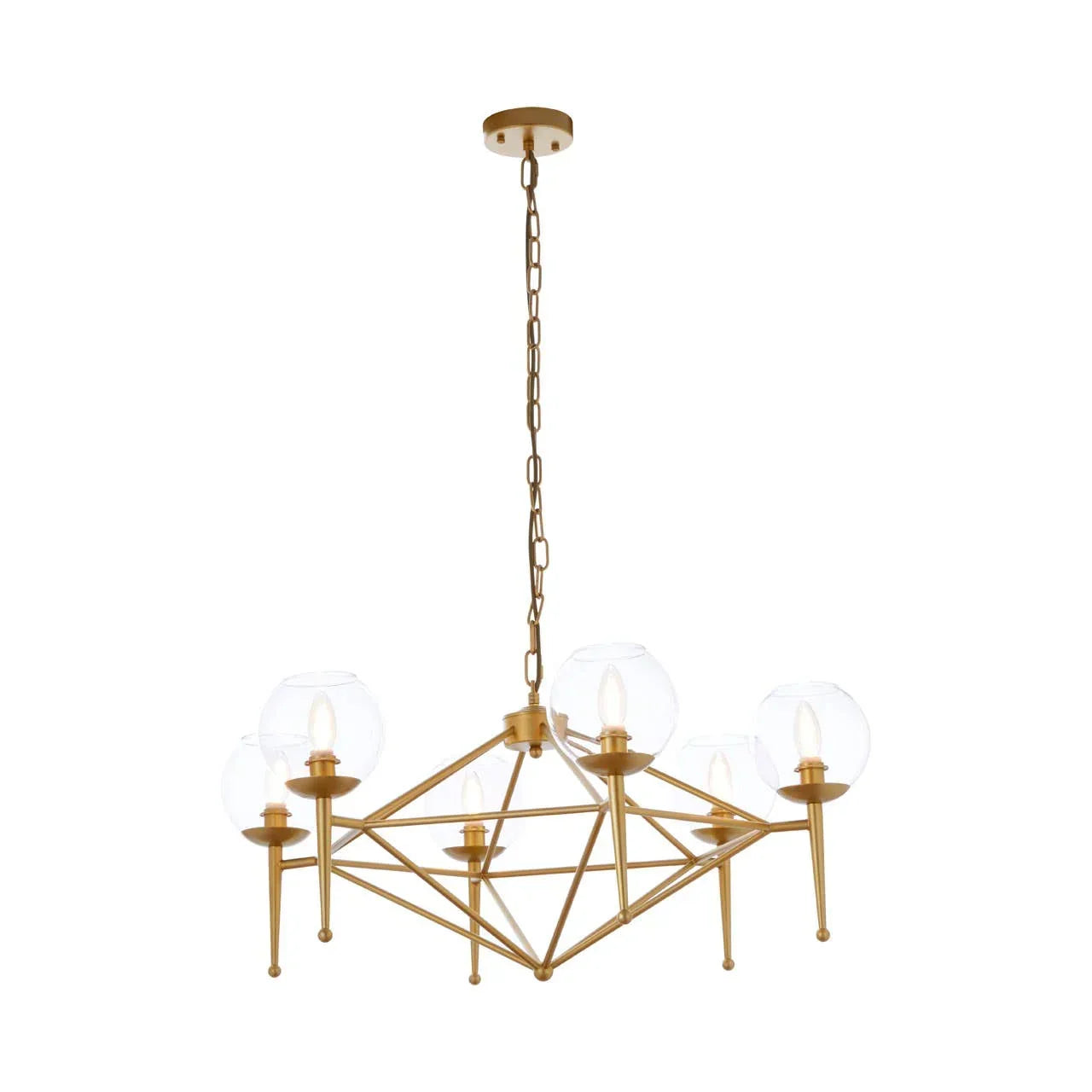Gold geometric chandelier with glass globe shades and five candle-style lights
