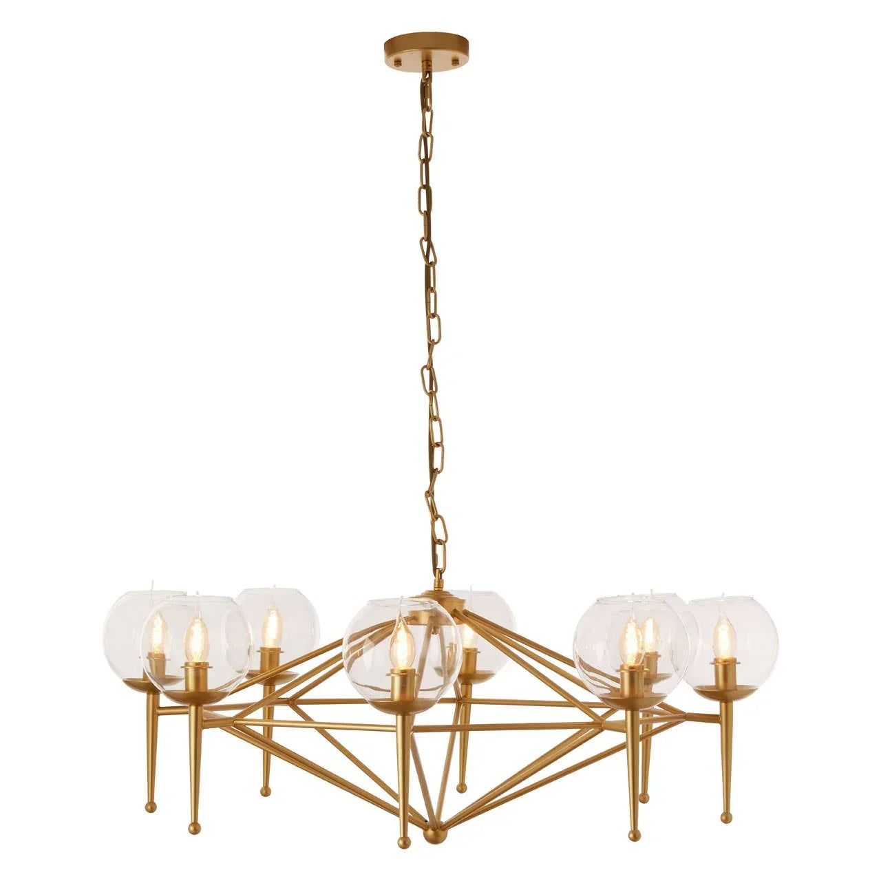 Gold geometric chandelier with eight clear glass shades and exposed bulbs hanging from chain