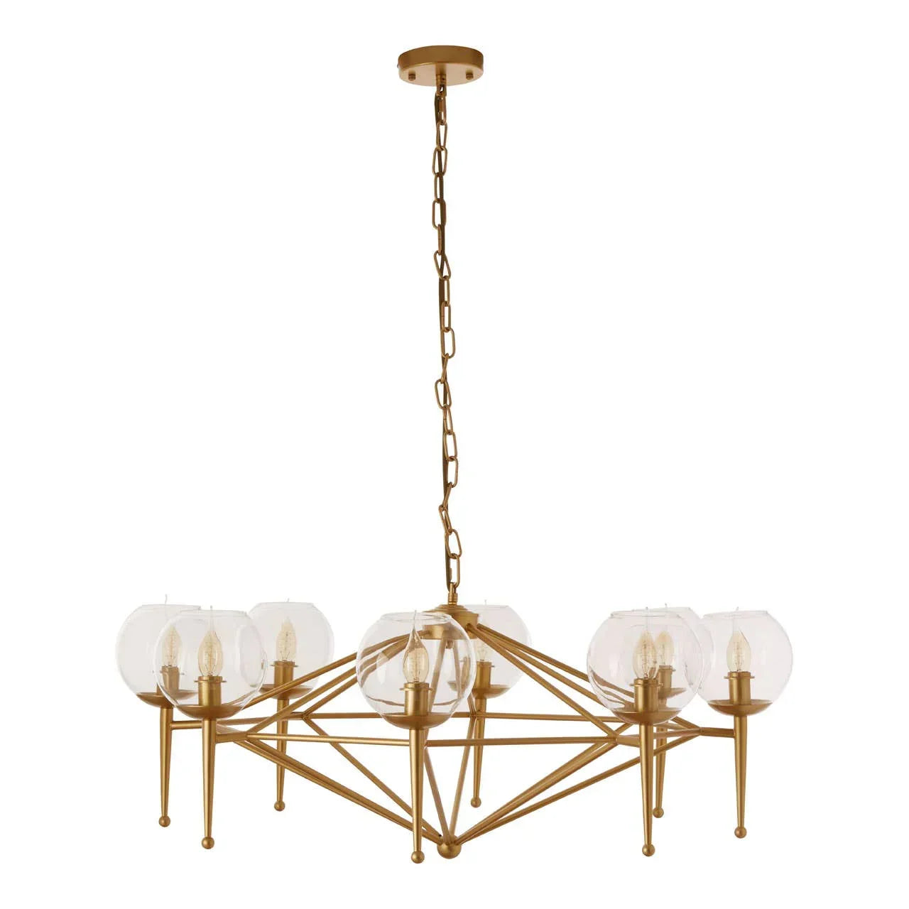 Gold metal chandelier with eight clear glass globe shades and exposed bulbs, modern style