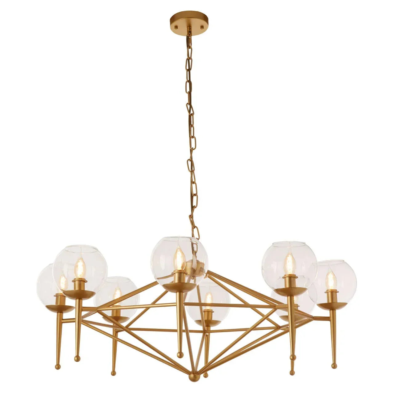 Gold chandelier light with eight clear glass globe shades and geometric metal frame
