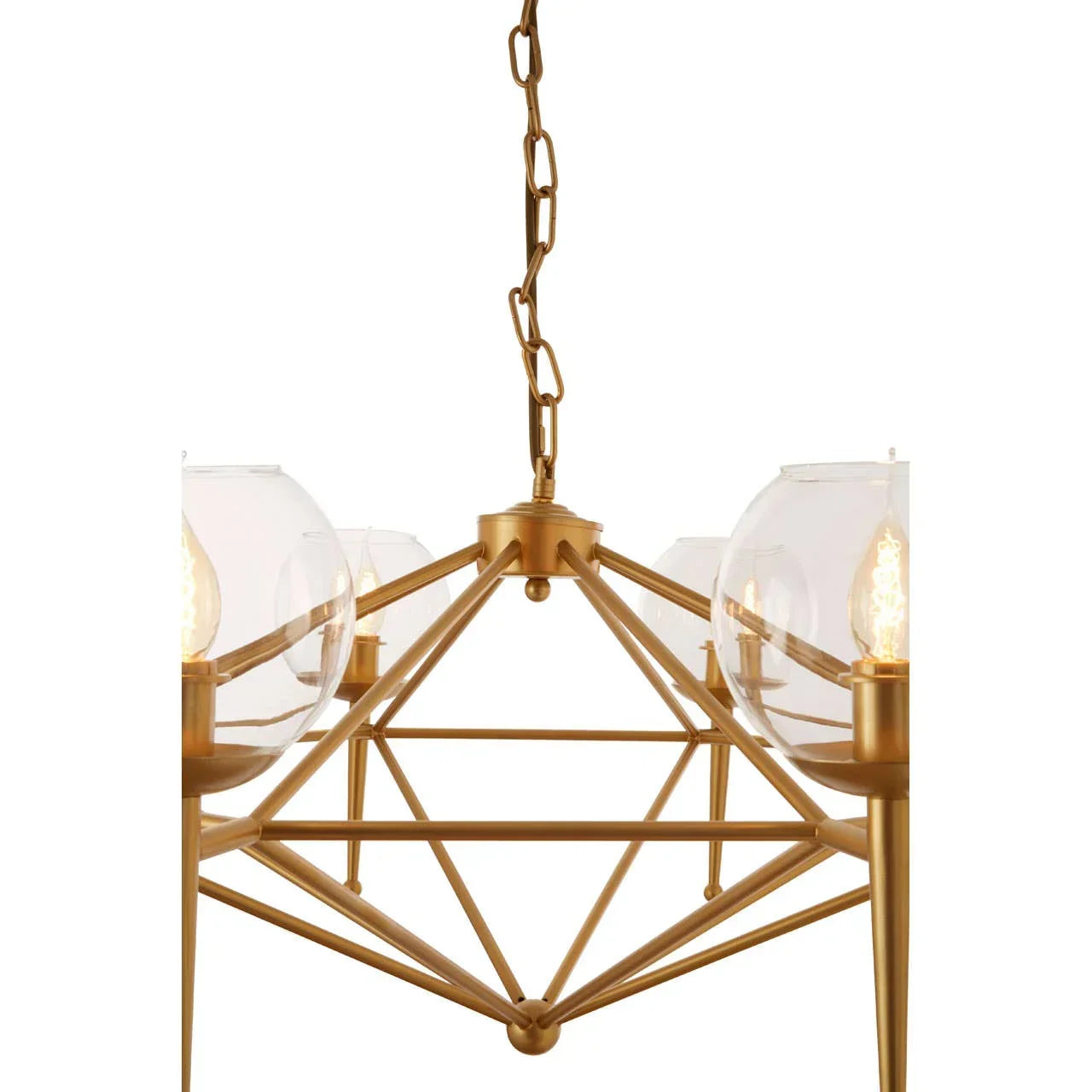 Gold metal chandelier with geometric frame and glass globe light shades