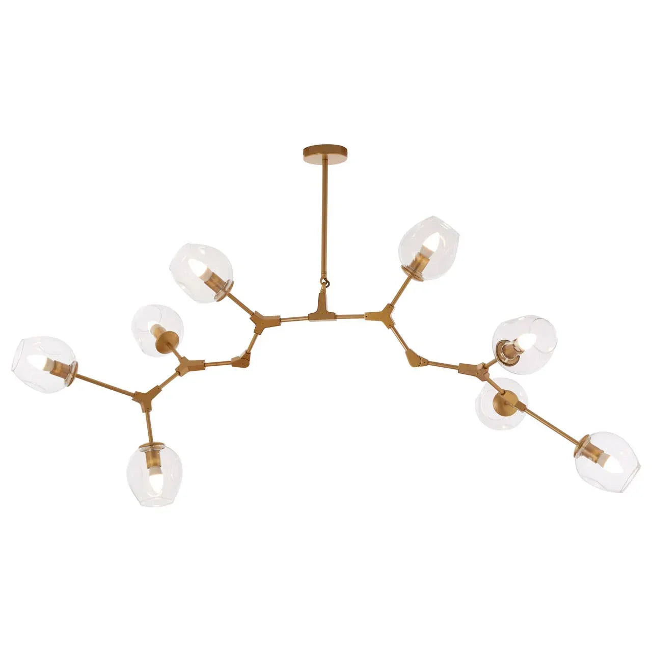 Gold modern chandelier with eight glass lamp shades and branching arms, ceiling mounted