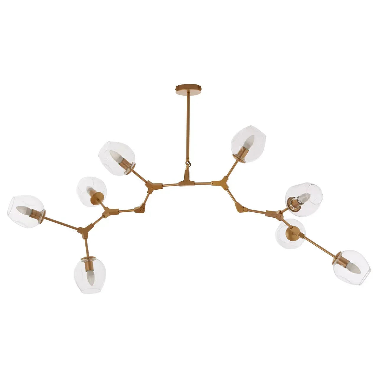 Modern gold chandelier with seven glass bulb shades and adjustable arms, ceiling mounted