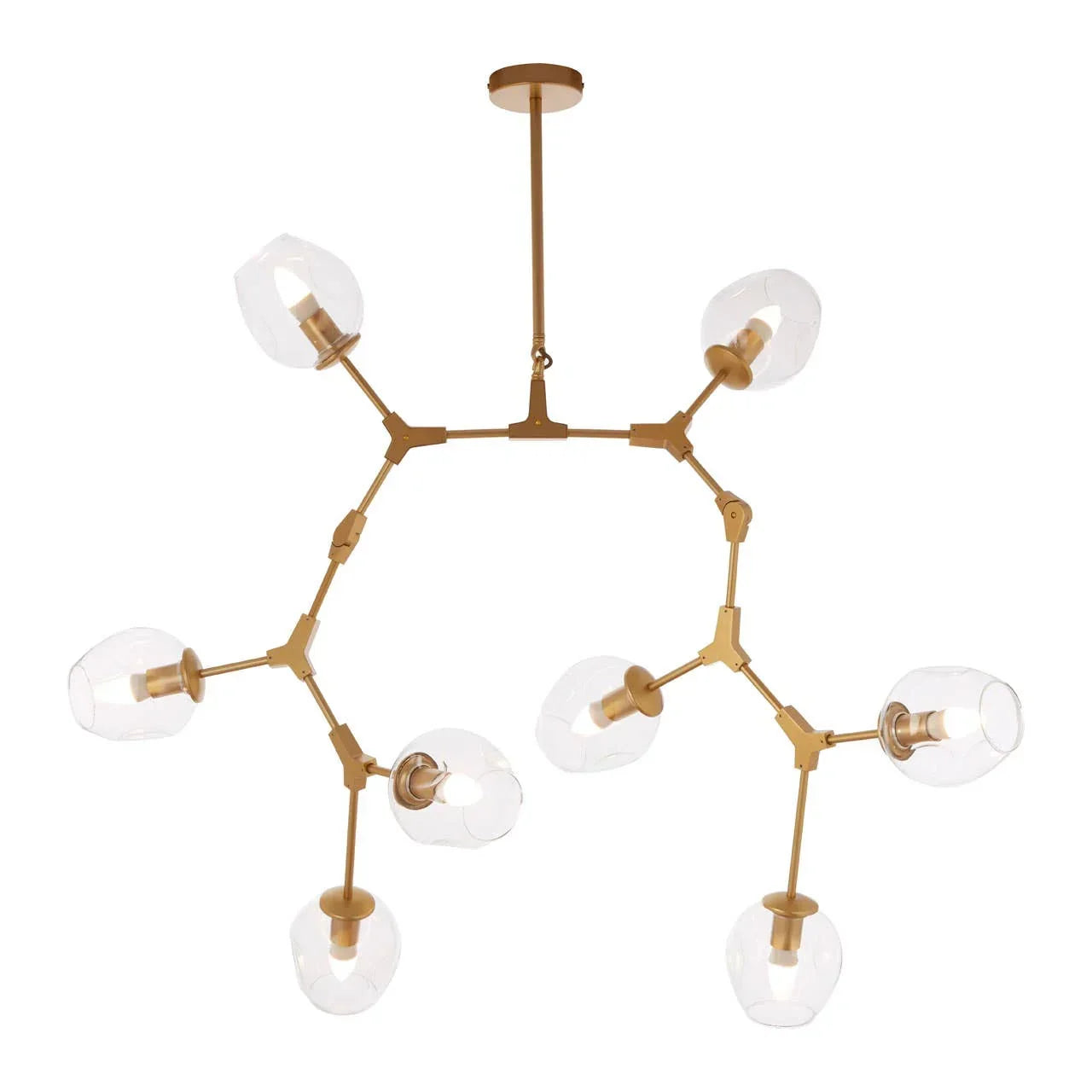 Modern gold chandelier with seven clear glass shades and exposed bulbs
