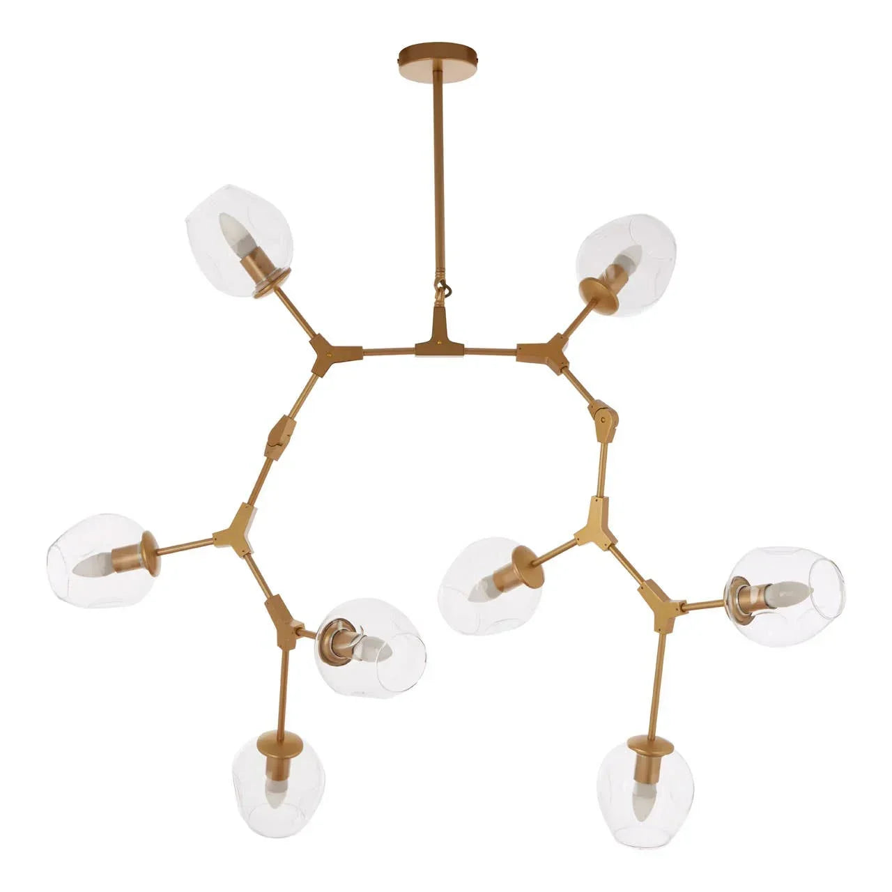 Modern gold chandelier with six glass shades and exposed bulbs, ceiling mounted light fixture