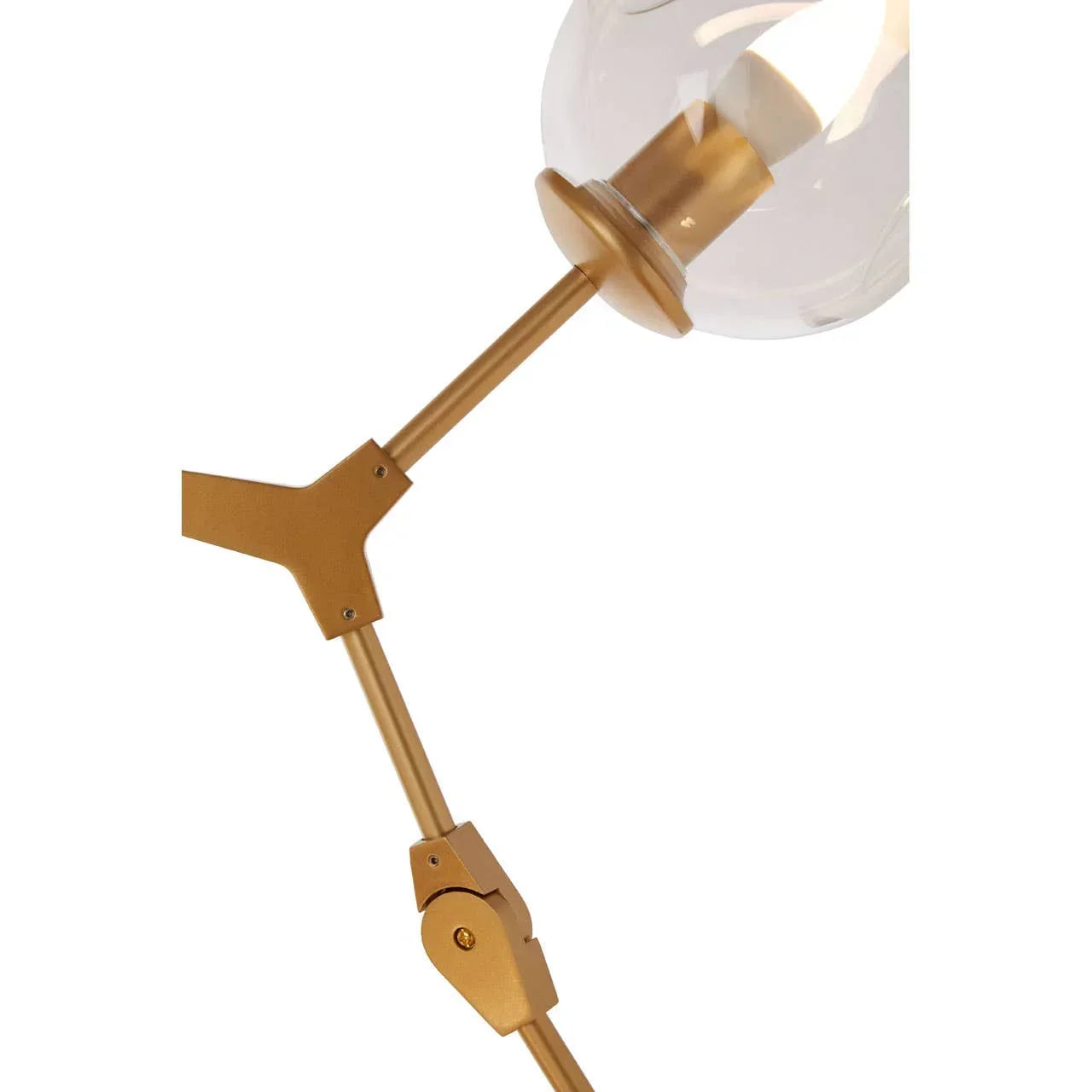 Gold adjustable floor lamp arm with clear glass globe shade close-up