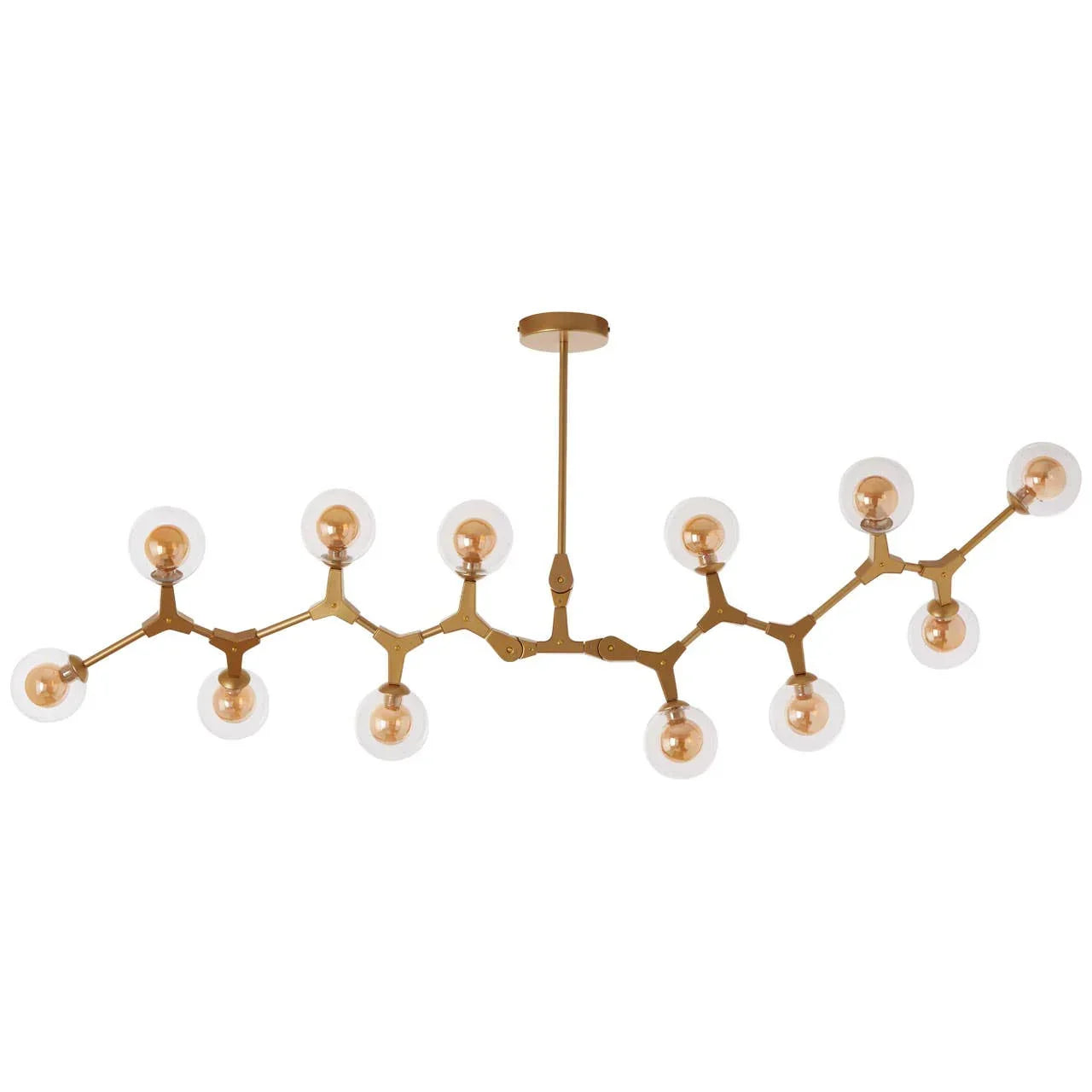 Modern gold chandelier with branching arms and clear glass globe bulbs