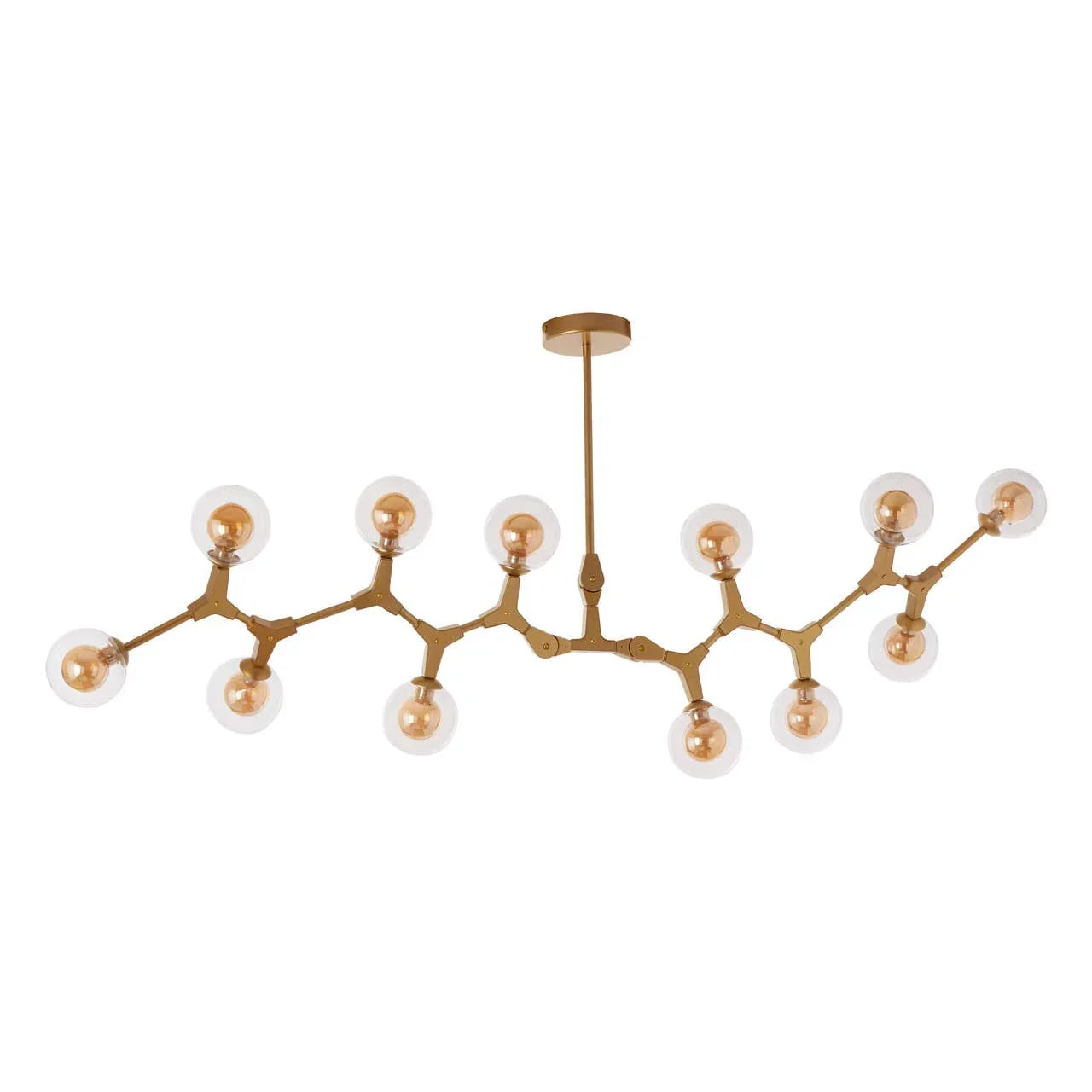 Modern gold chandelier with twelve clear glass globe lights and branching design