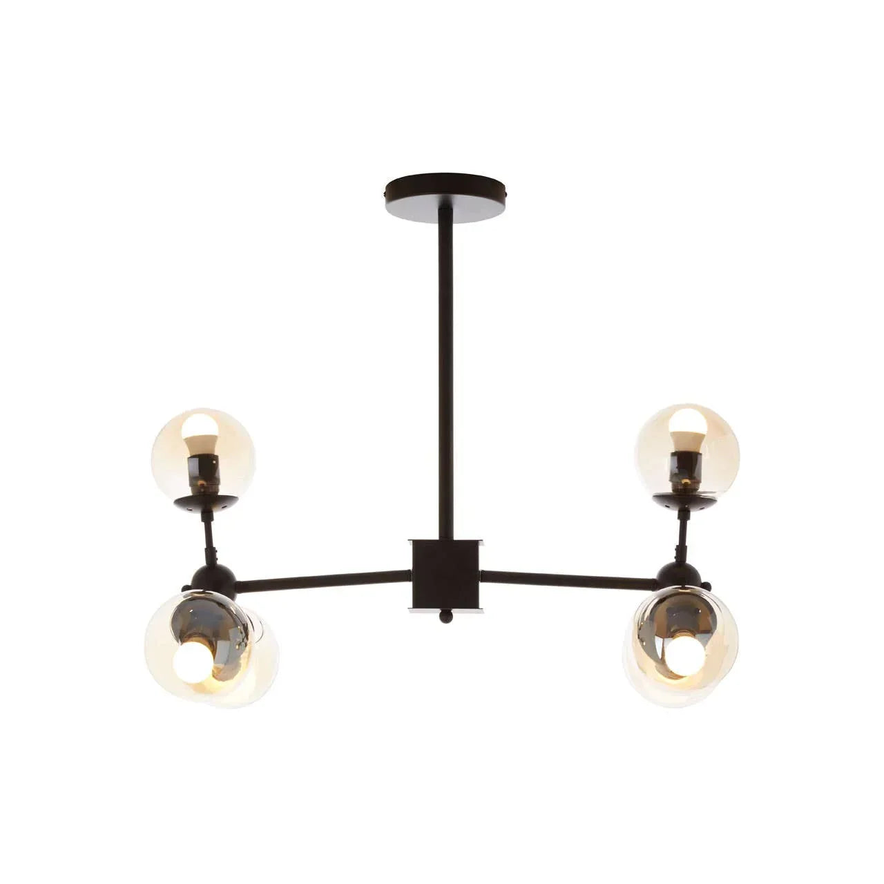 Black metal ceiling light with four glass globe shades, modern chandelier design