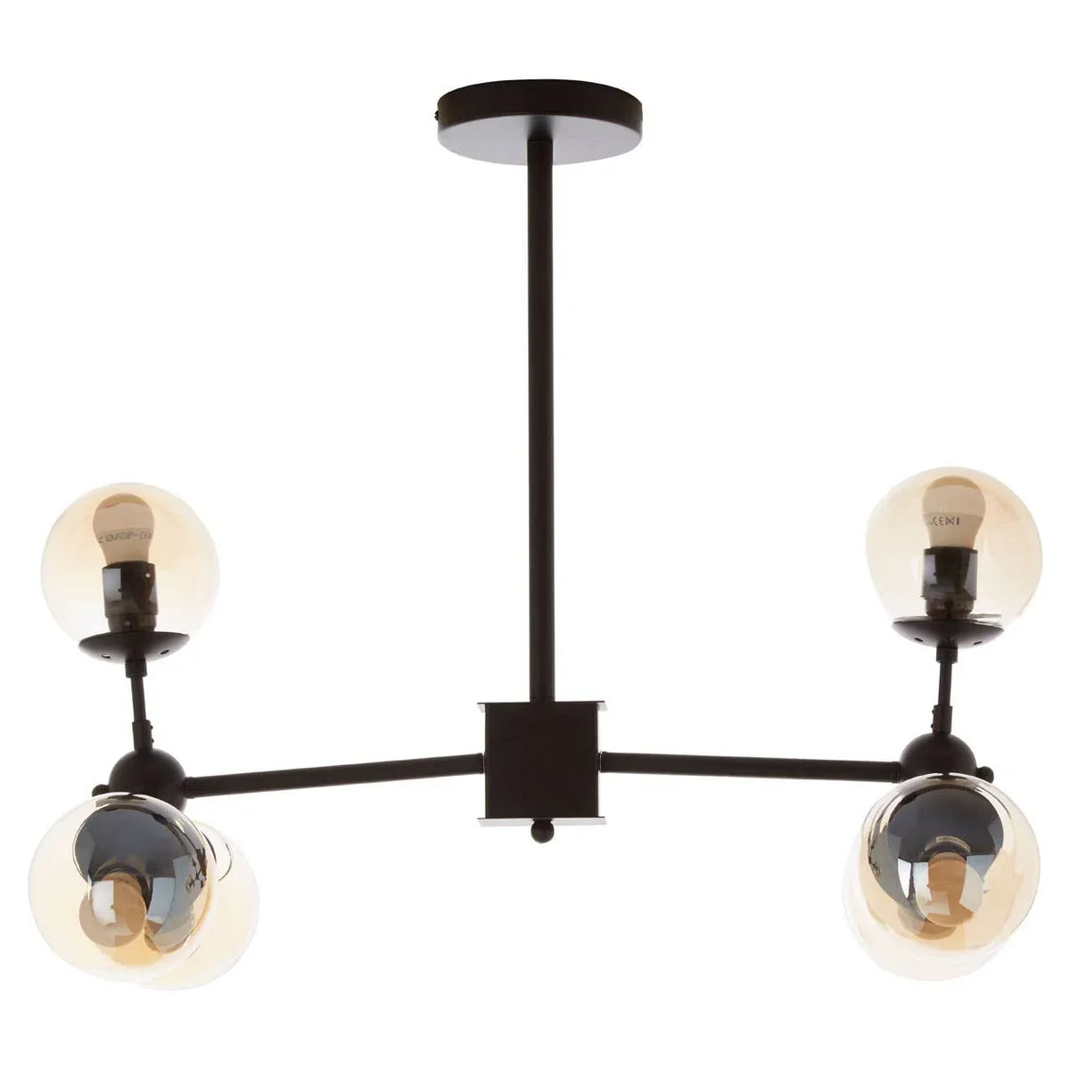Modern ceiling light fixture with four glass globe shades and black metal arms