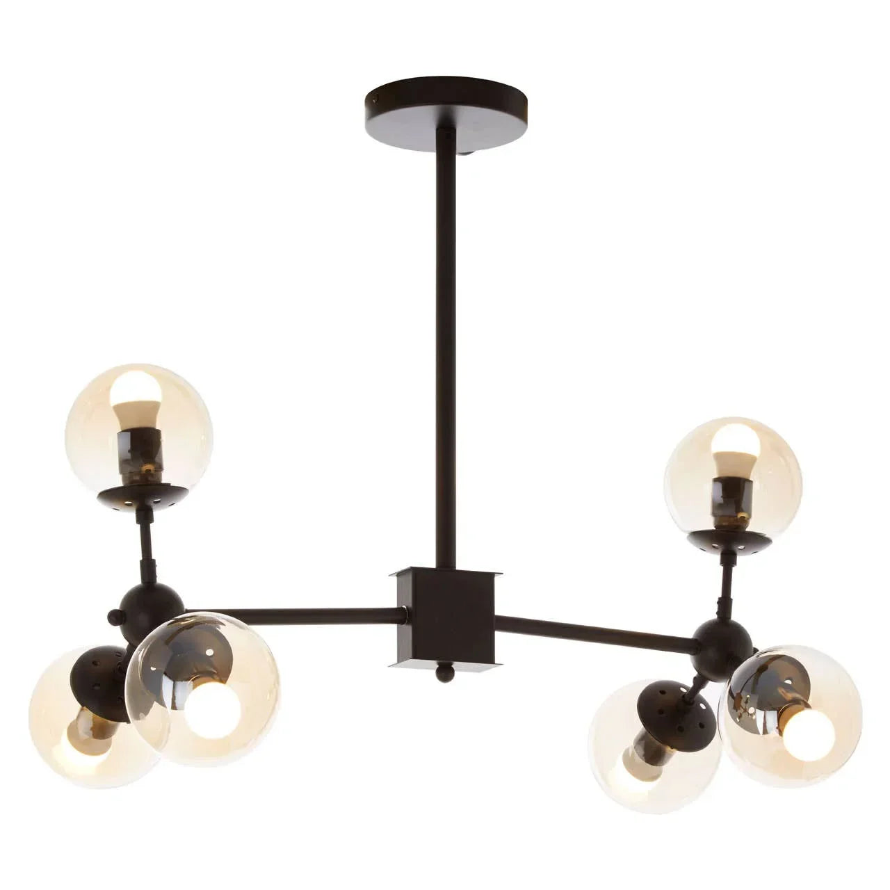 Black metal chandelier with six clear glass globe light shades, shown from below