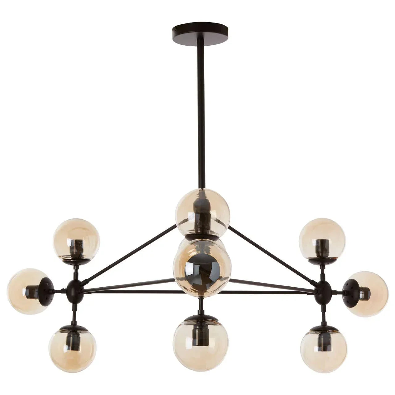 Modern chandelier with black metal frame and eight round glass lampshades