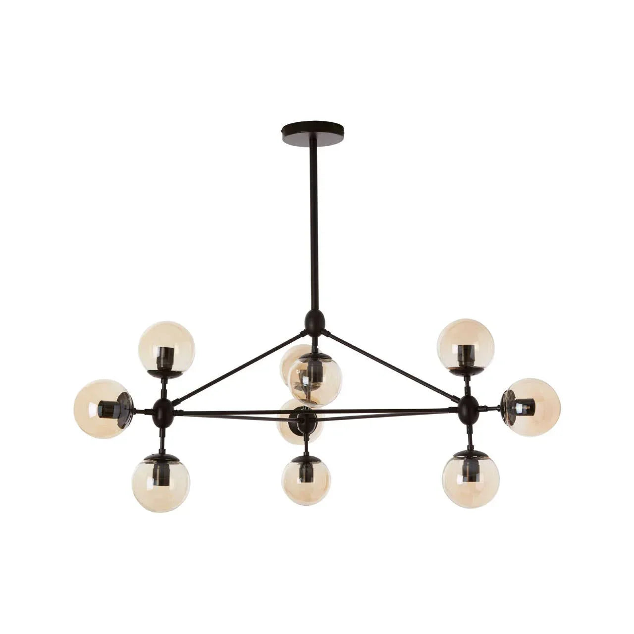 Black metal chandelier with eight round glass globe lights, modern ceiling lighting fixture