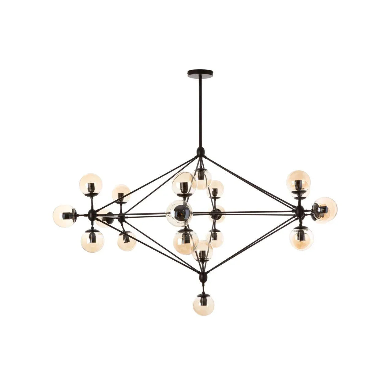 Modern black metal chandelier with exposed glass bulbs suspended from ceiling