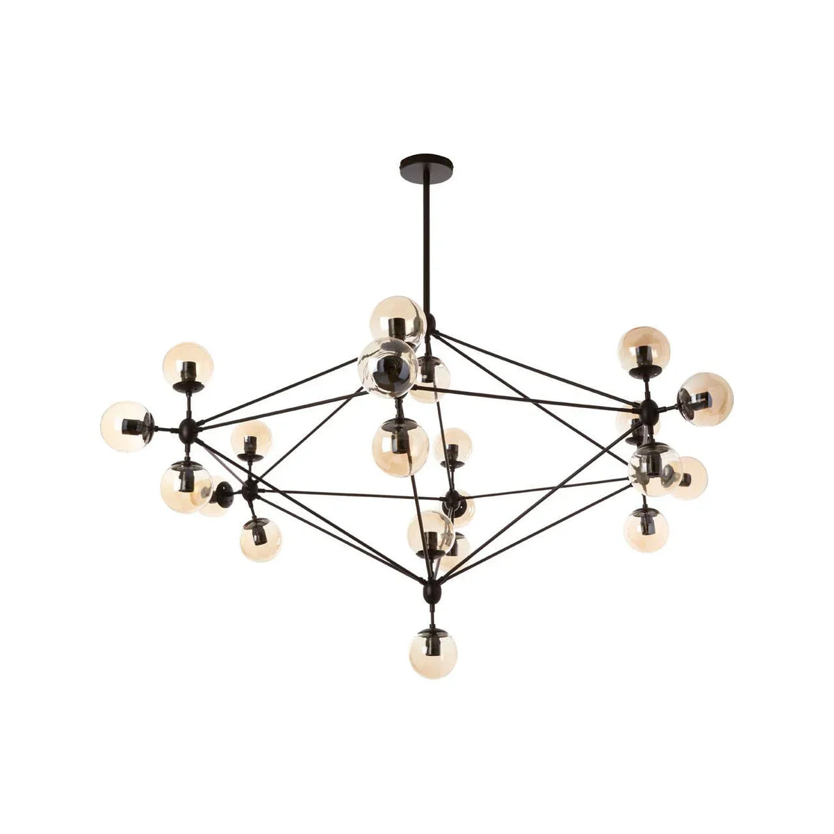 Modern black metal chandelier with multiple glass globe bulbs, geometric design, ceiling mount
