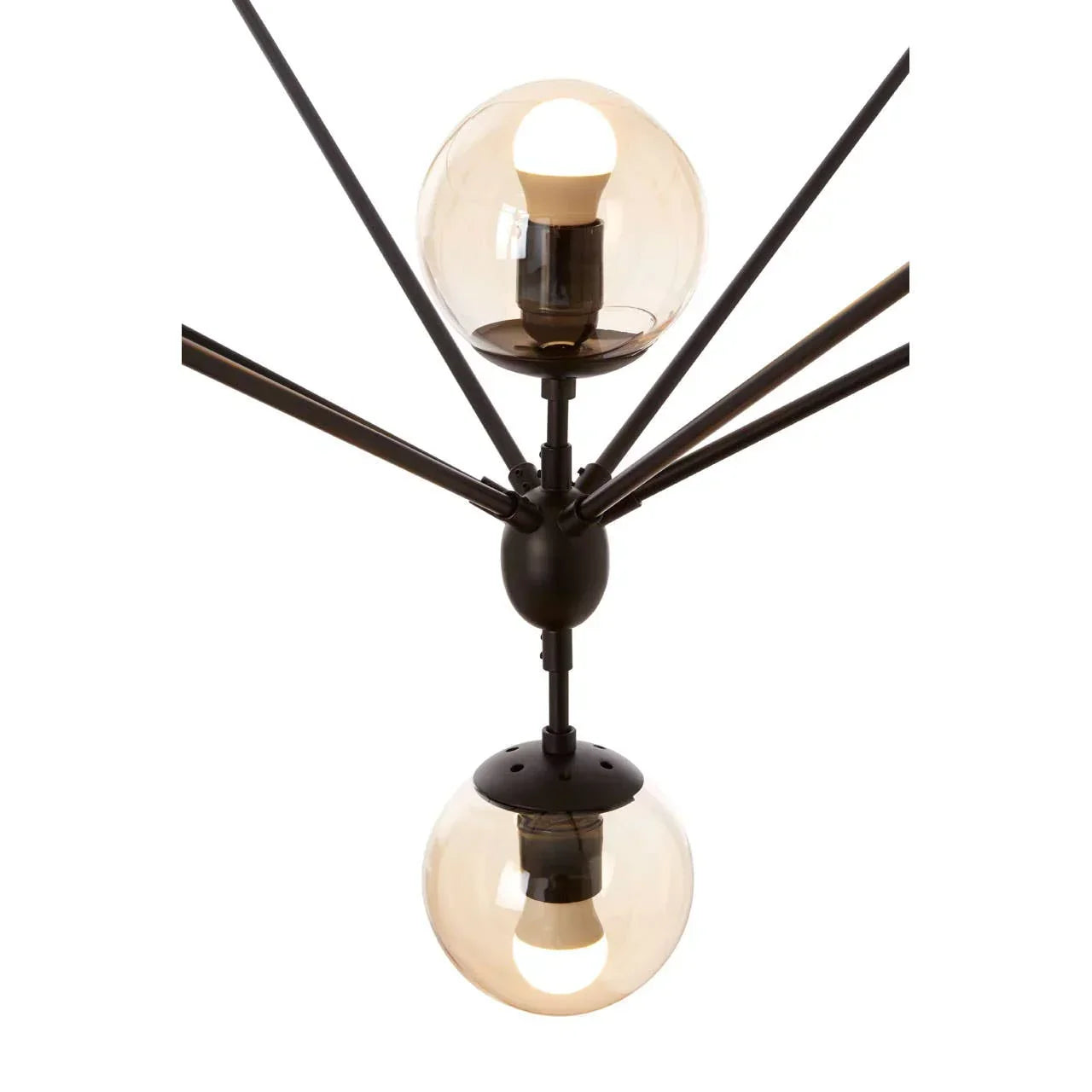 Modern ceiling light fixture with black metal arms and two glass globe shades