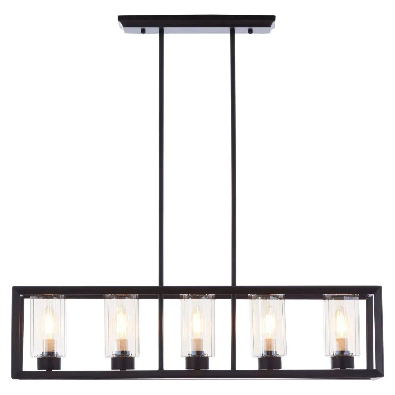 Rectangular black frame ceiling light with four exposed bulbs in glass shades