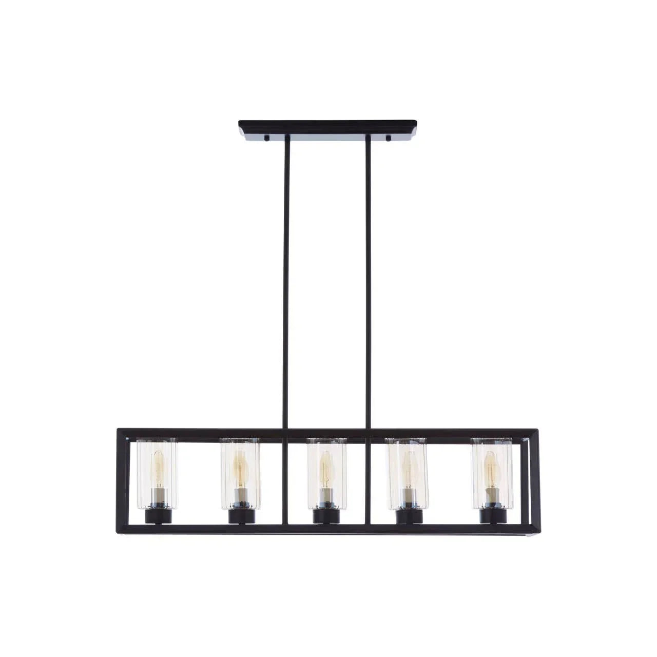 Rectangular black metal ceiling light with five clear glass lamp shades