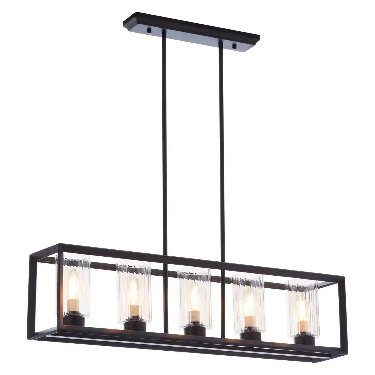 Rectangular black metal ceiling light fixture with five glass shades and exposed bulbs