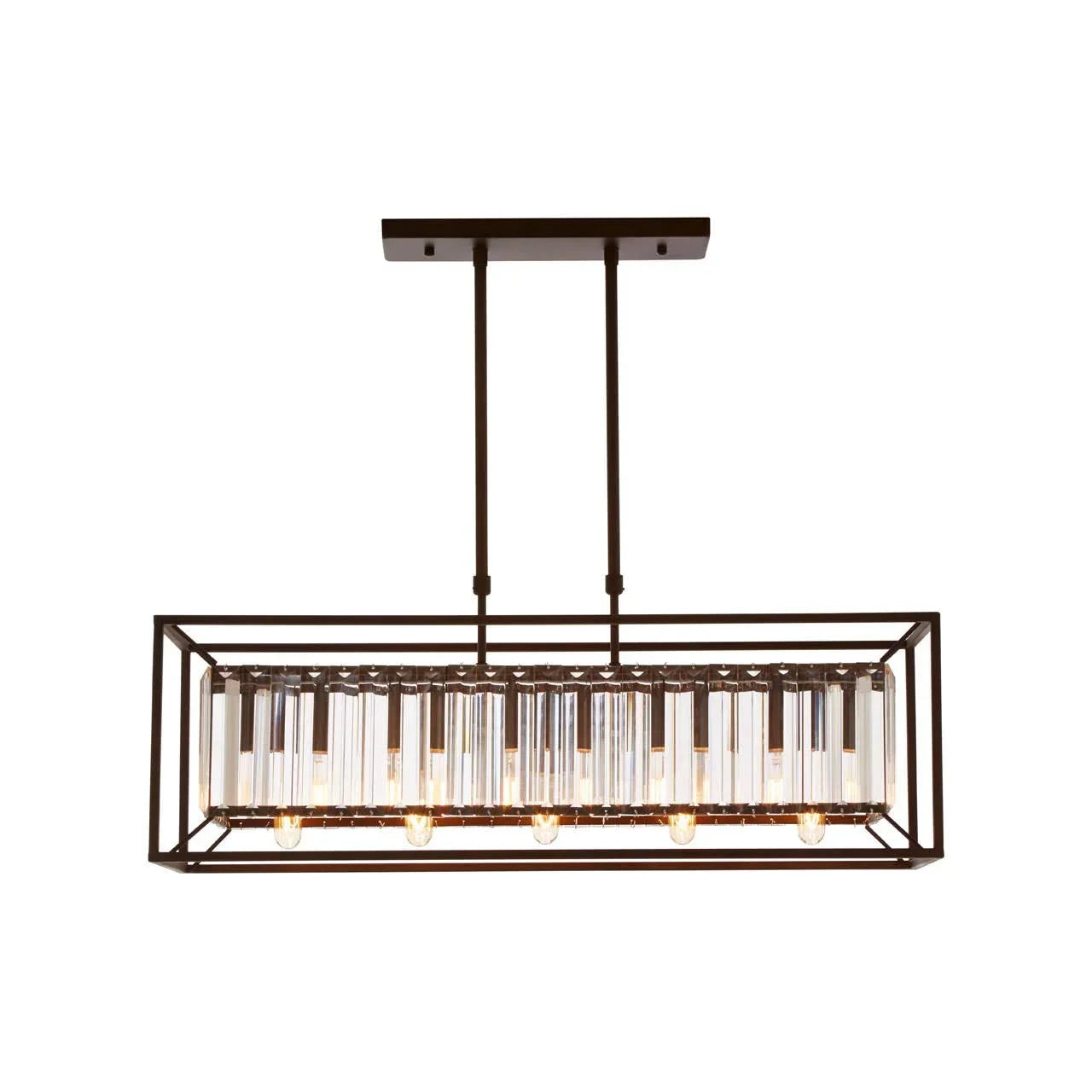 Rectangular metal and glass chandelier with exposed bulbs and suspended crystals
