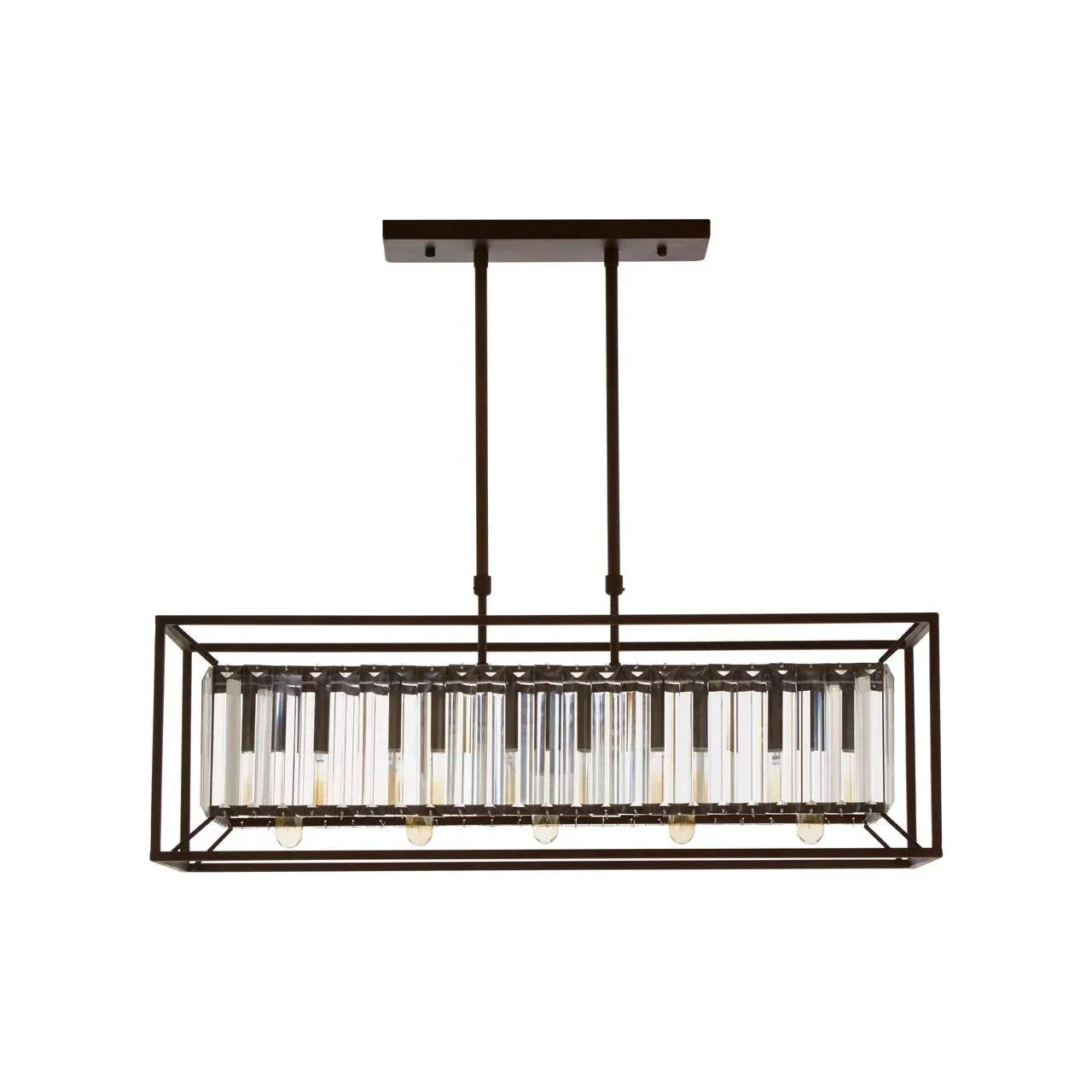 Rectangular crystal pendant light with black metal frame and exposed bulbs