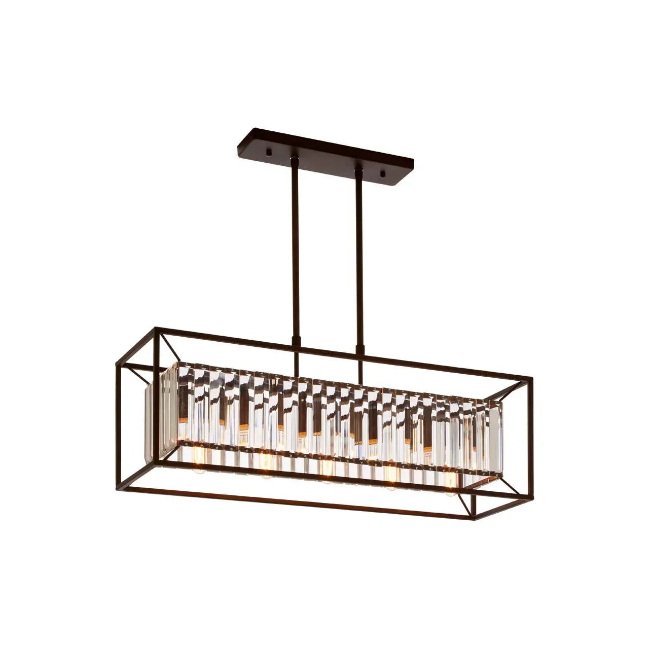 Rectangular ceiling light with black frame and hanging crystal rods, modern pendant lighting