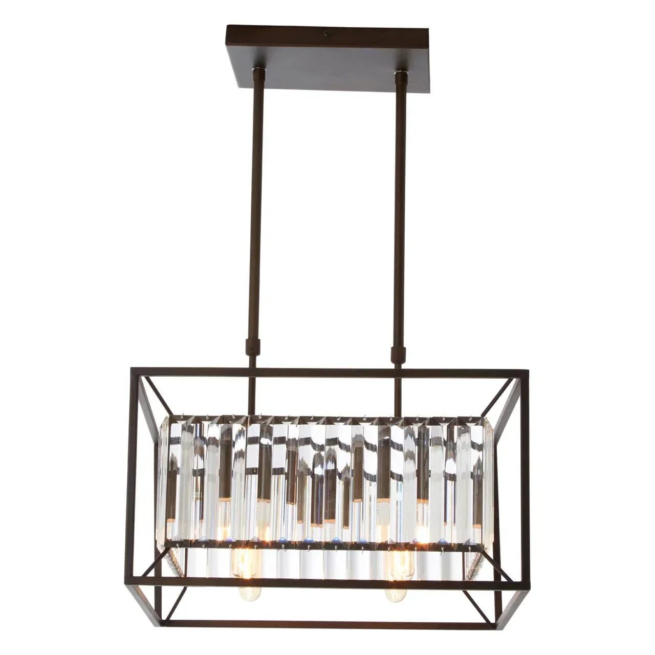 Rectangular pendant light with glass rods and black metal frame, ceiling mounted