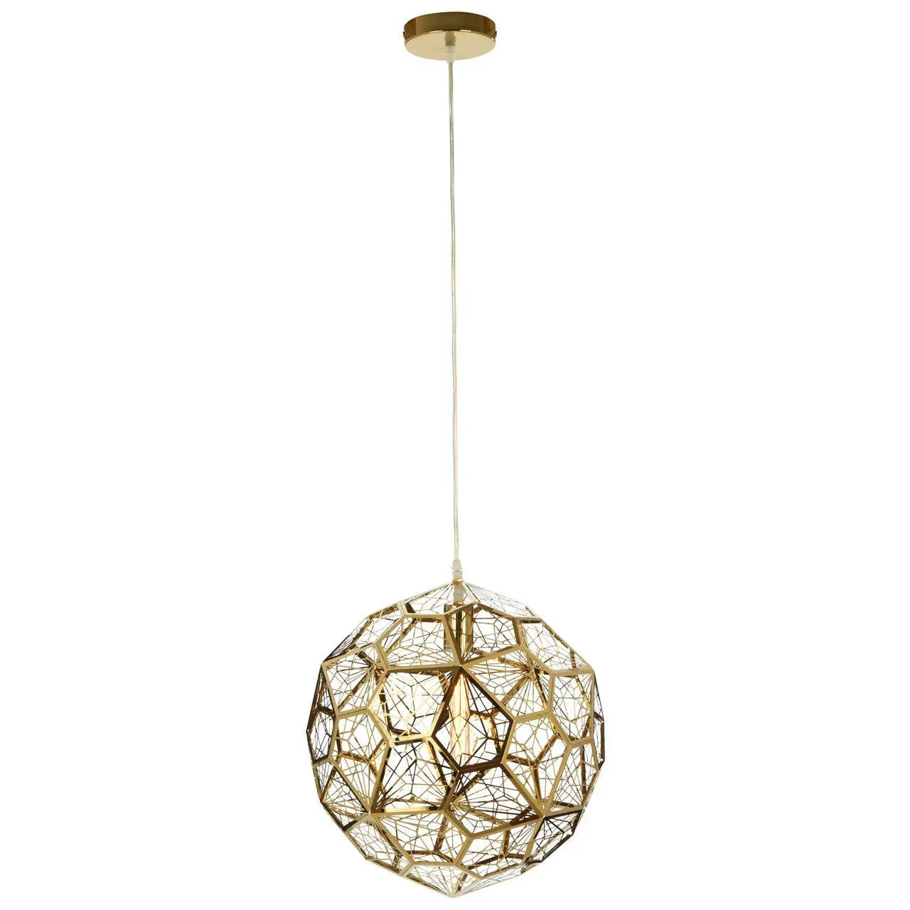 Gold geometric pendant light with openwork metal shade hanging from ceiling
