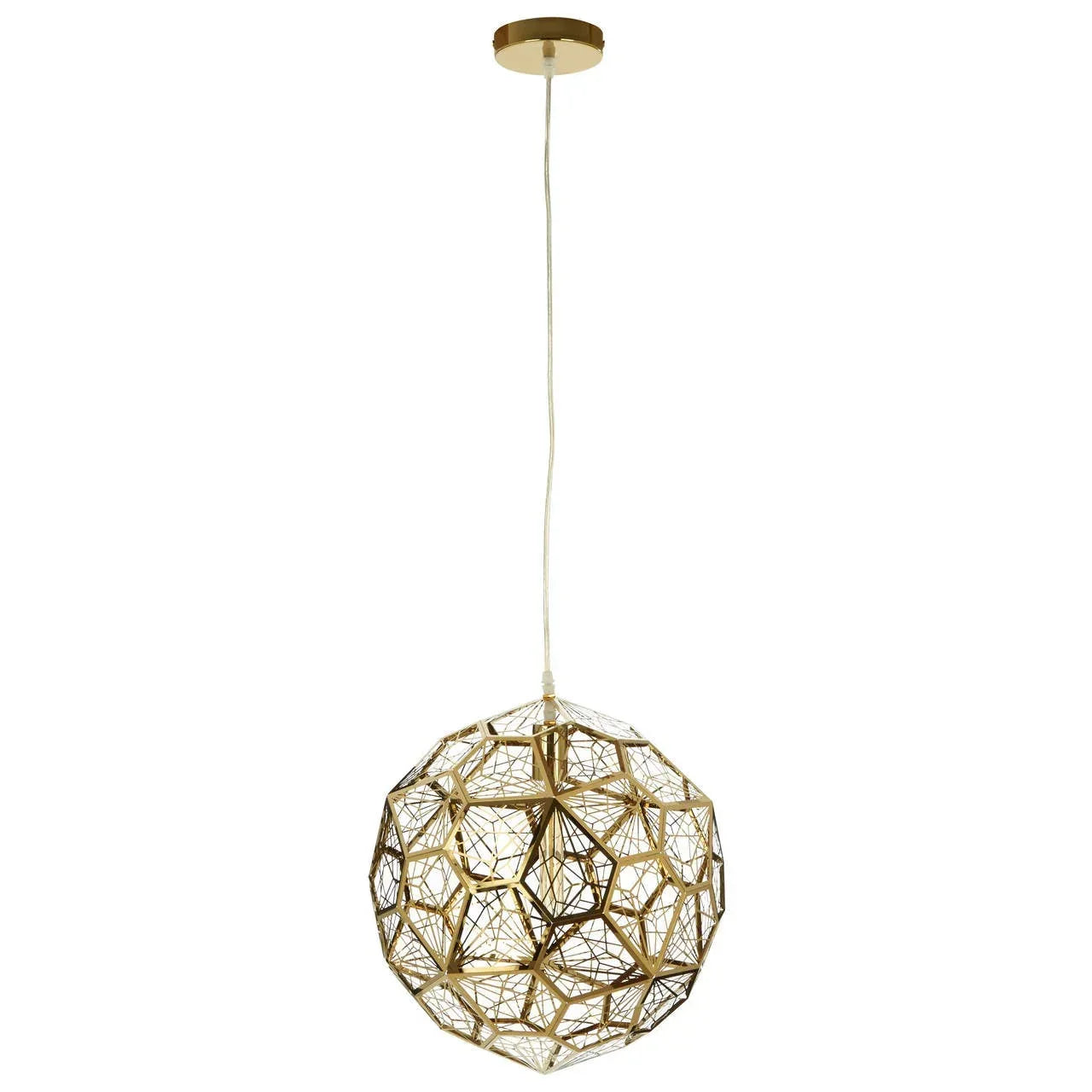 Gold geometric pendant light with openwork metal shade and ceiling fitting
