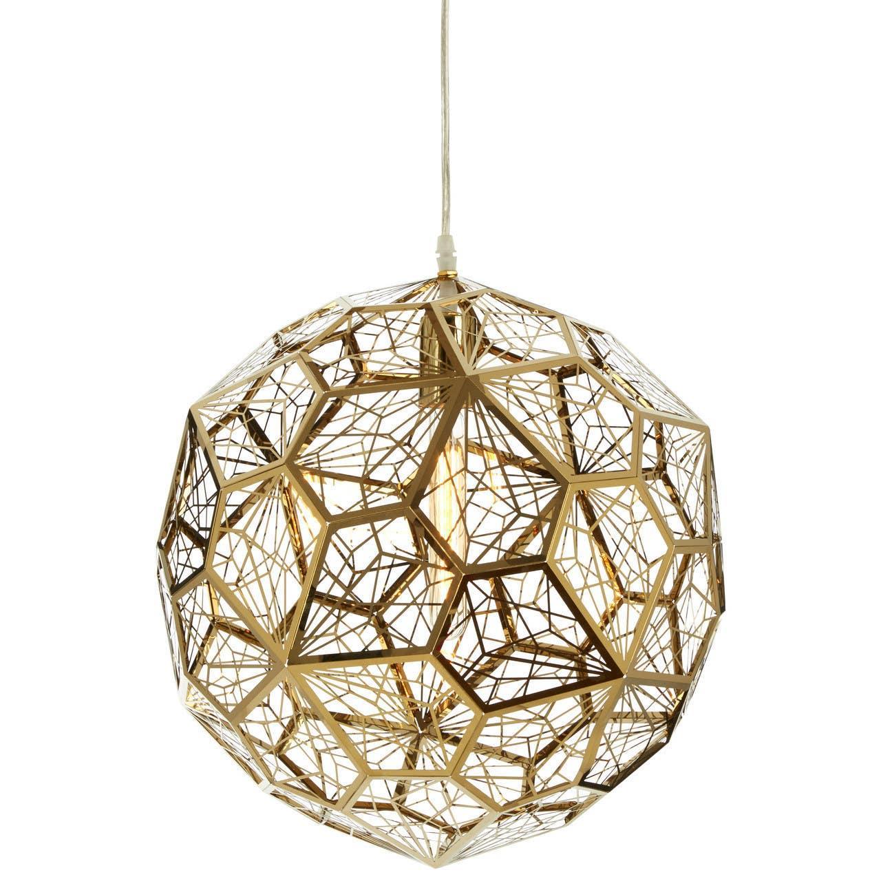 Gold geometric pendant light with openwork metal frame and hanging ceiling fitting