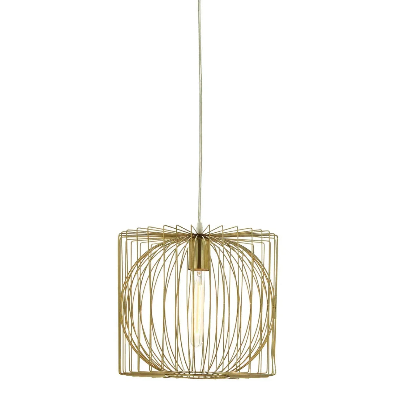 Gold wire pendant light with geometric square and circular frame, exposed bulb design