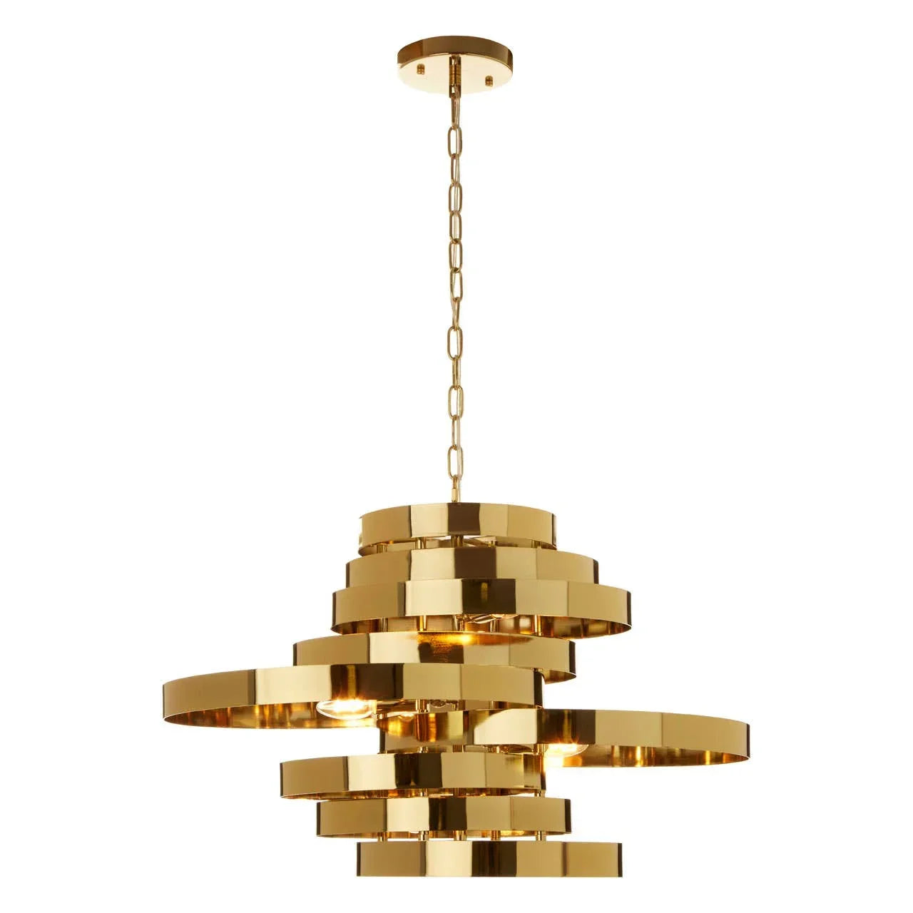 Modern gold pendant light with layered metal rings and chain ceiling mount