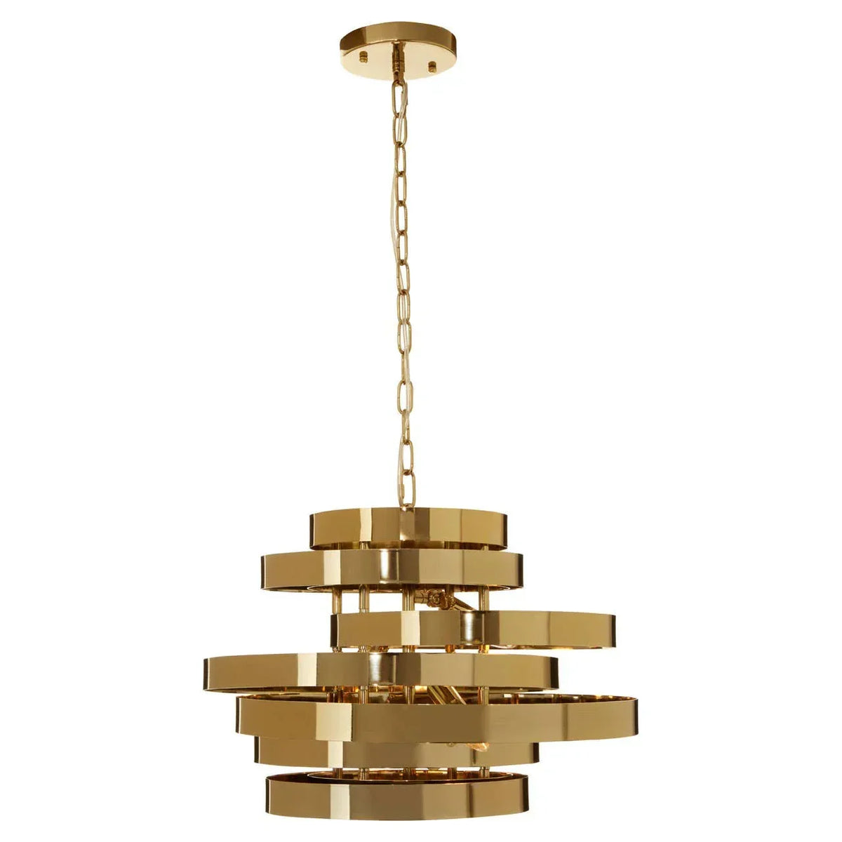 Gold modern pendant light fixture with layered metal rings and chain suspension