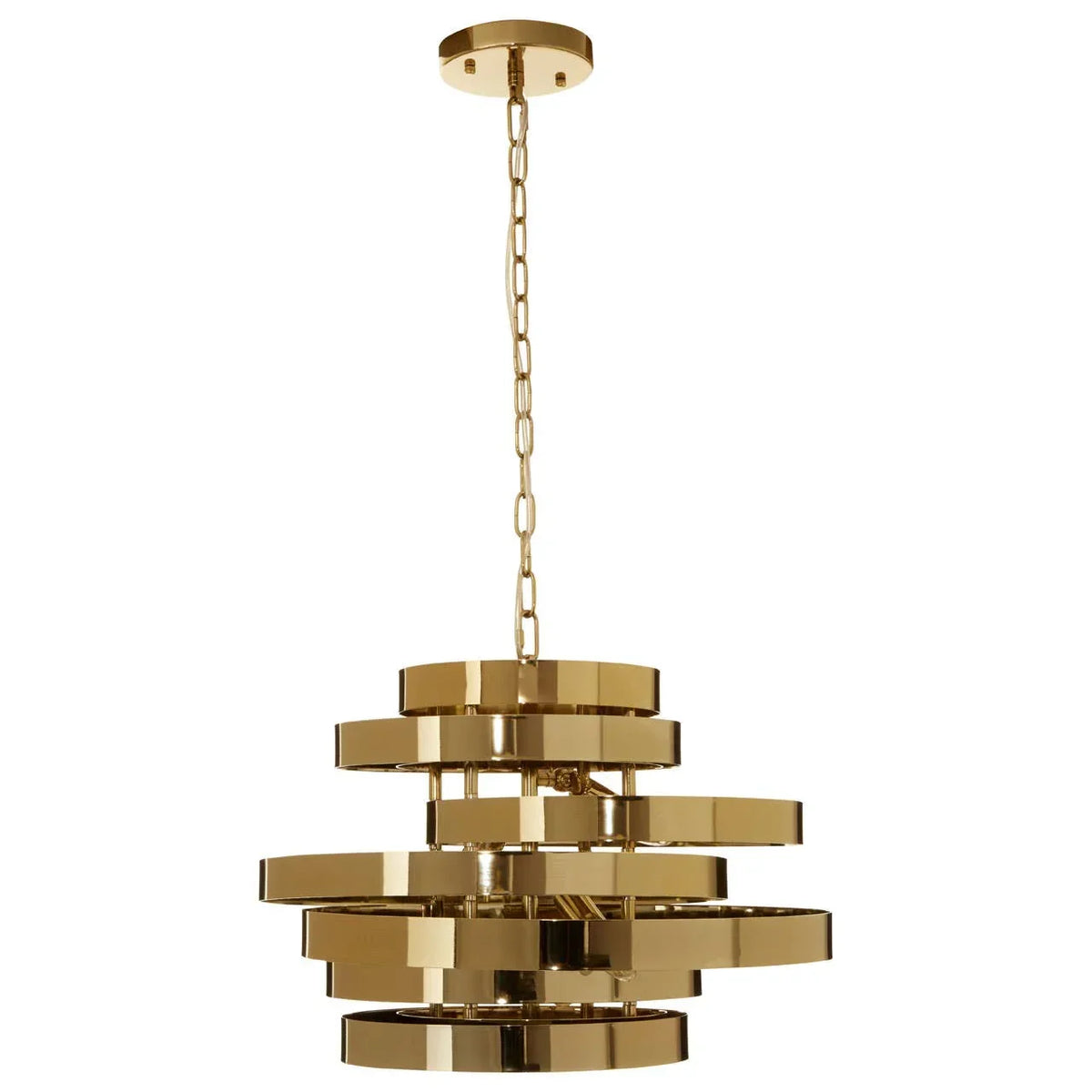 Gold metal pendant ceiling light with layered circular design, suspended by chain