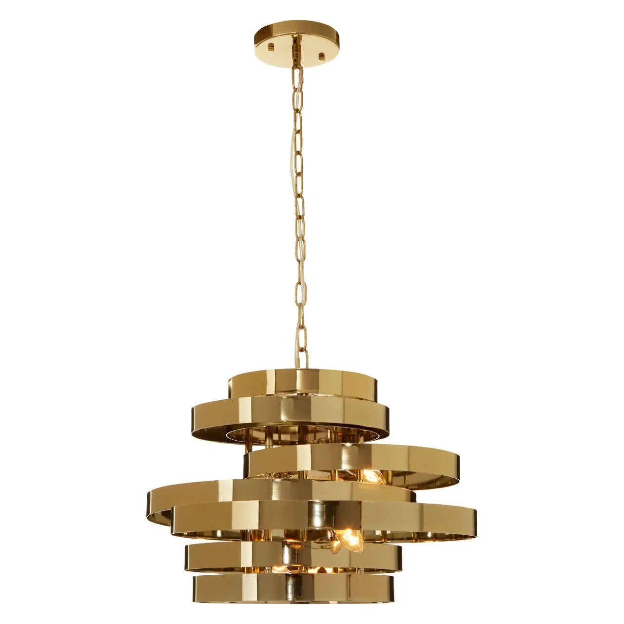 Gold metal pendant light with tiered circular rings and exposed bulbs, ceiling chain mount
