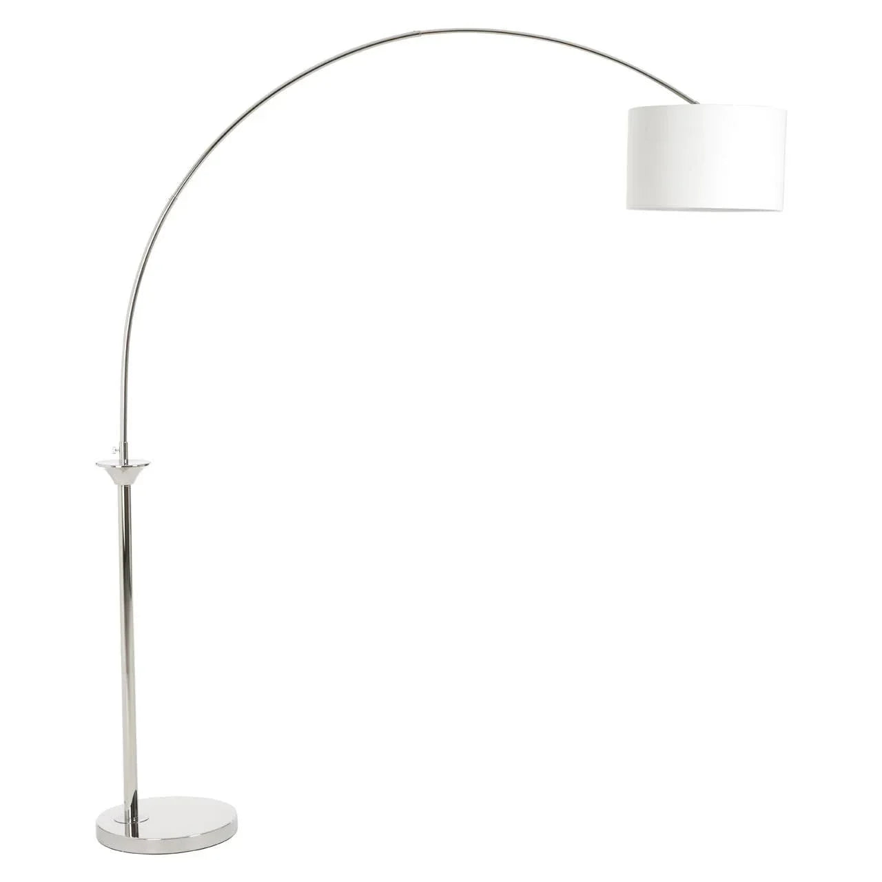 Chrome arc floor lamp with white drum shade and round base on white background