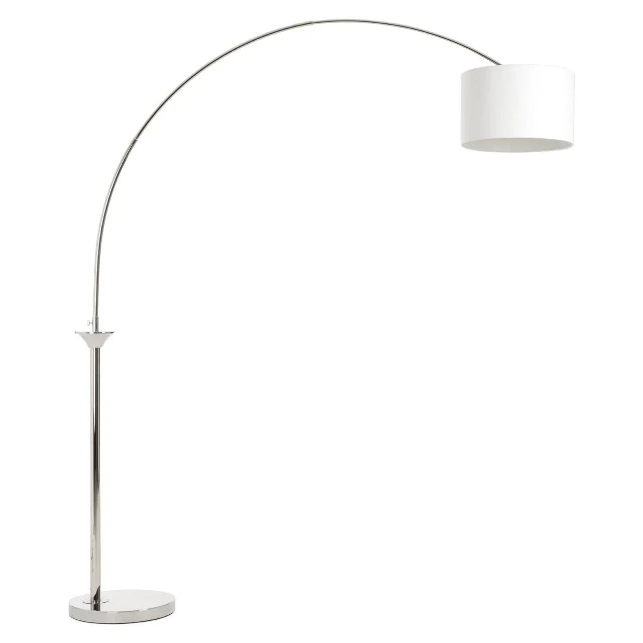 Modern arc floor lamp with chrome stand and white drum shade on white background