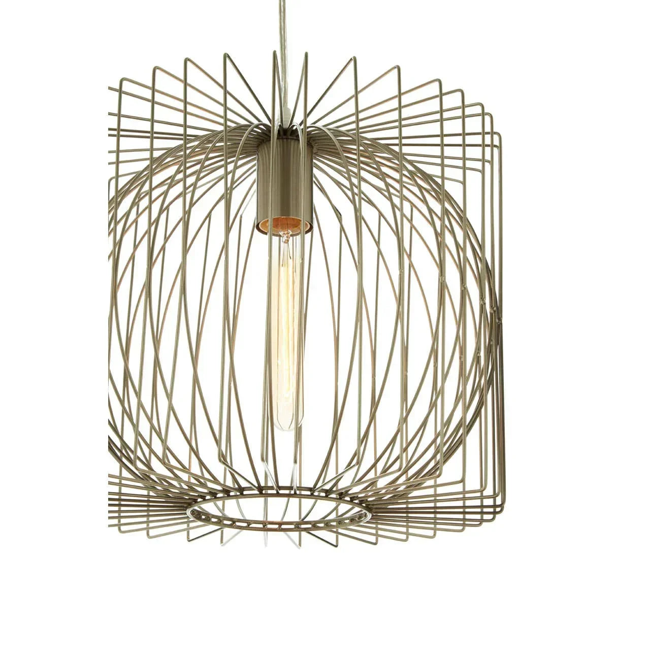 Metal wire pendant light with exposed bulb and geometric design against white background