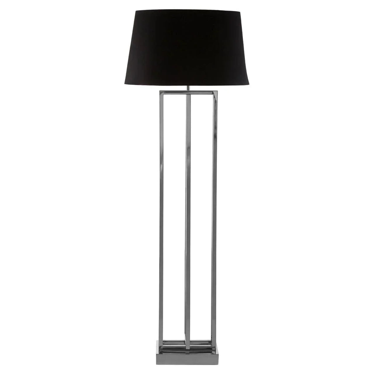 Modern floor lamp with black fabric shade and chrome geometric metal base