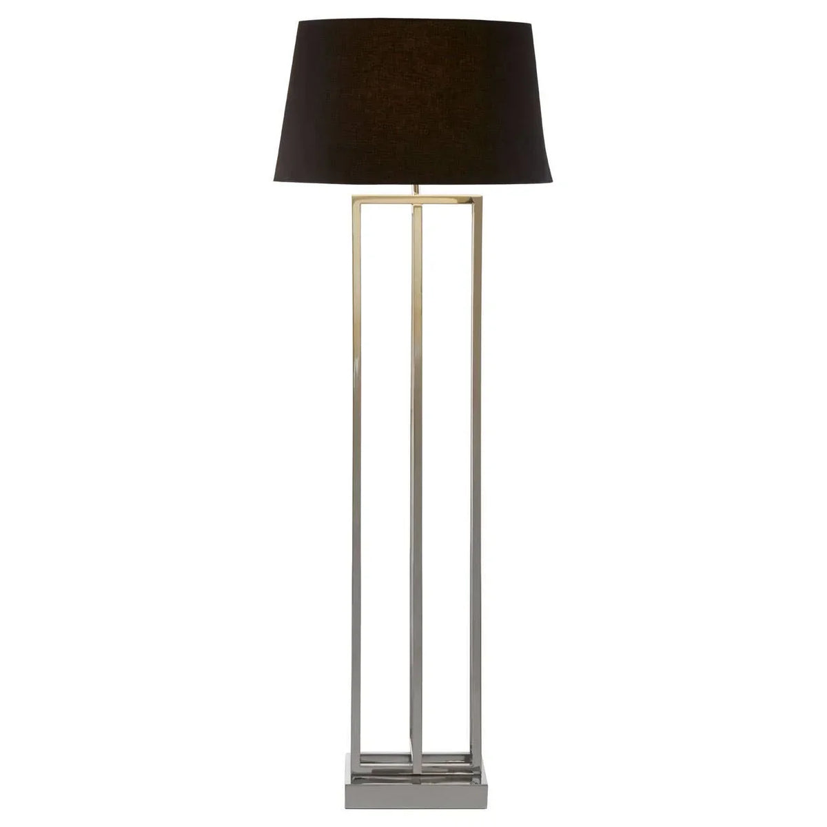 Modern floor lamp with chrome frame and black fabric shade