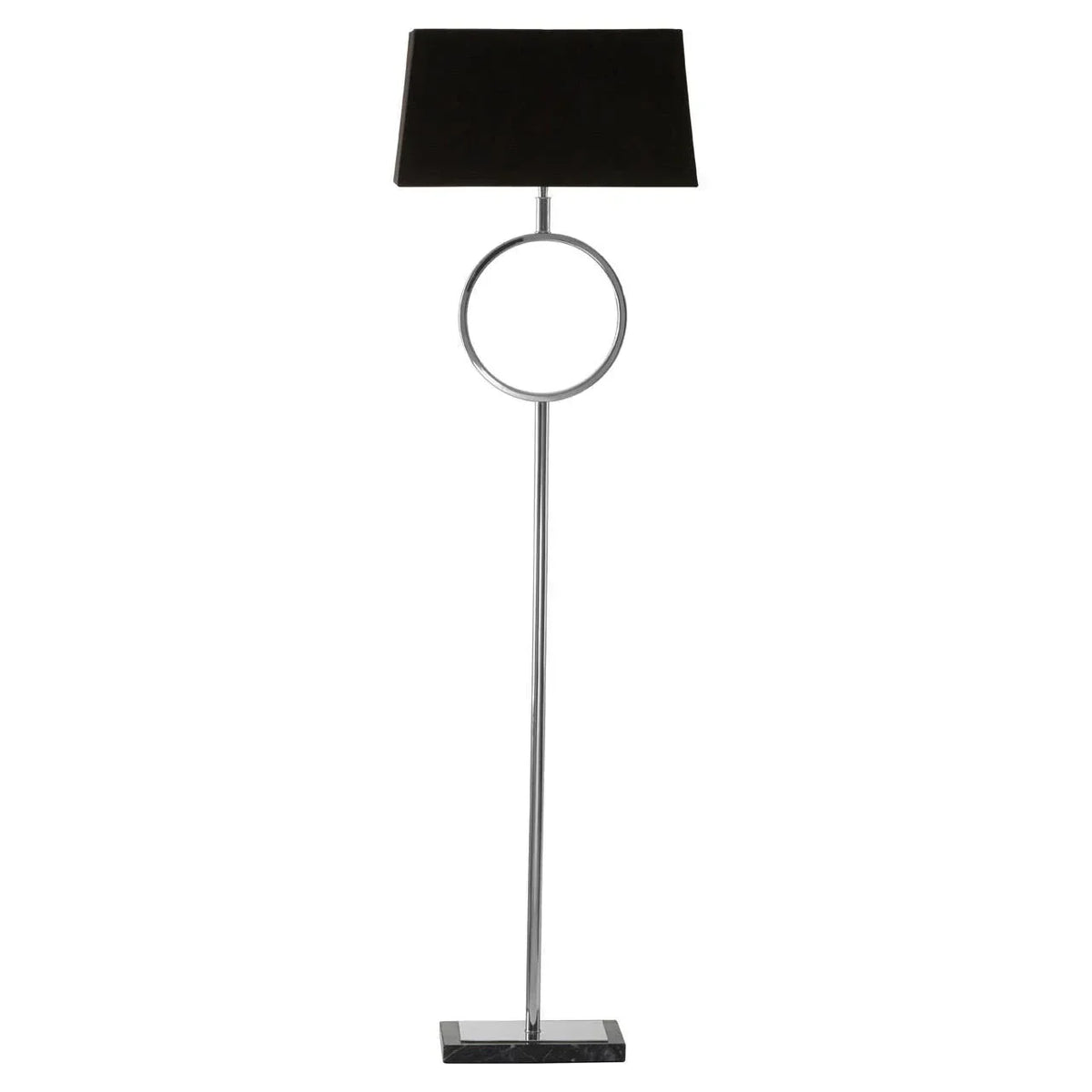 Chrome floor lamp with black rectangular shade and circular detail on marble base