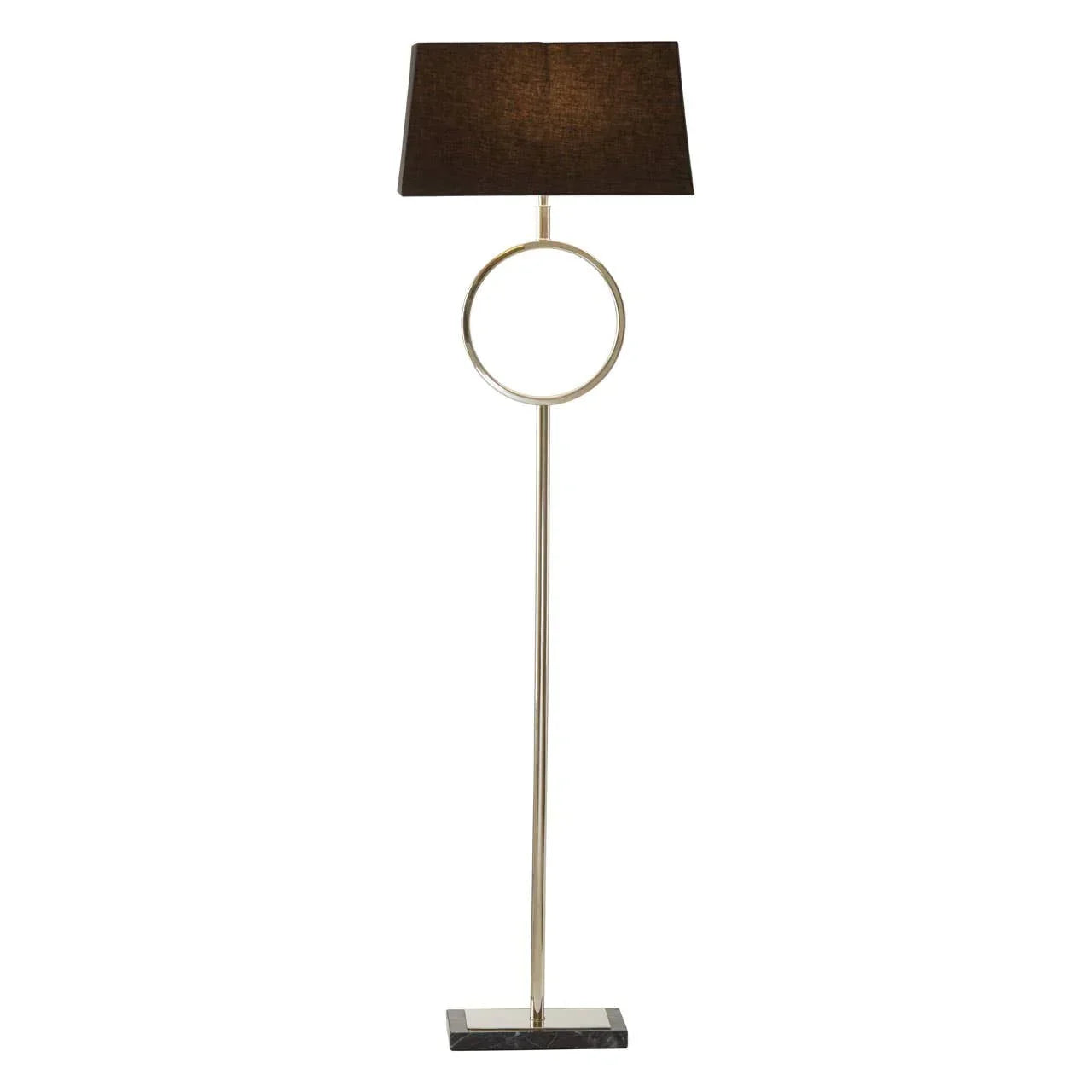 Modern floor lamp with chrome stand, circular accent, black shade, and marble base