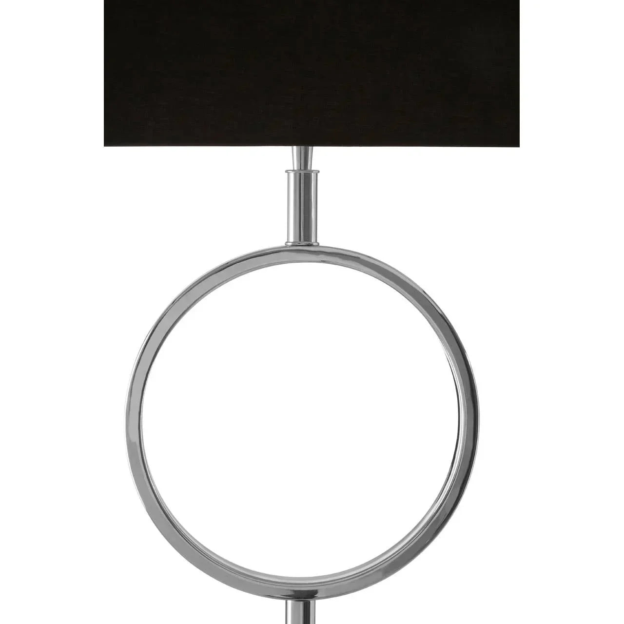 Chrome metal table lamp with round open frame and black rectangular lampshade