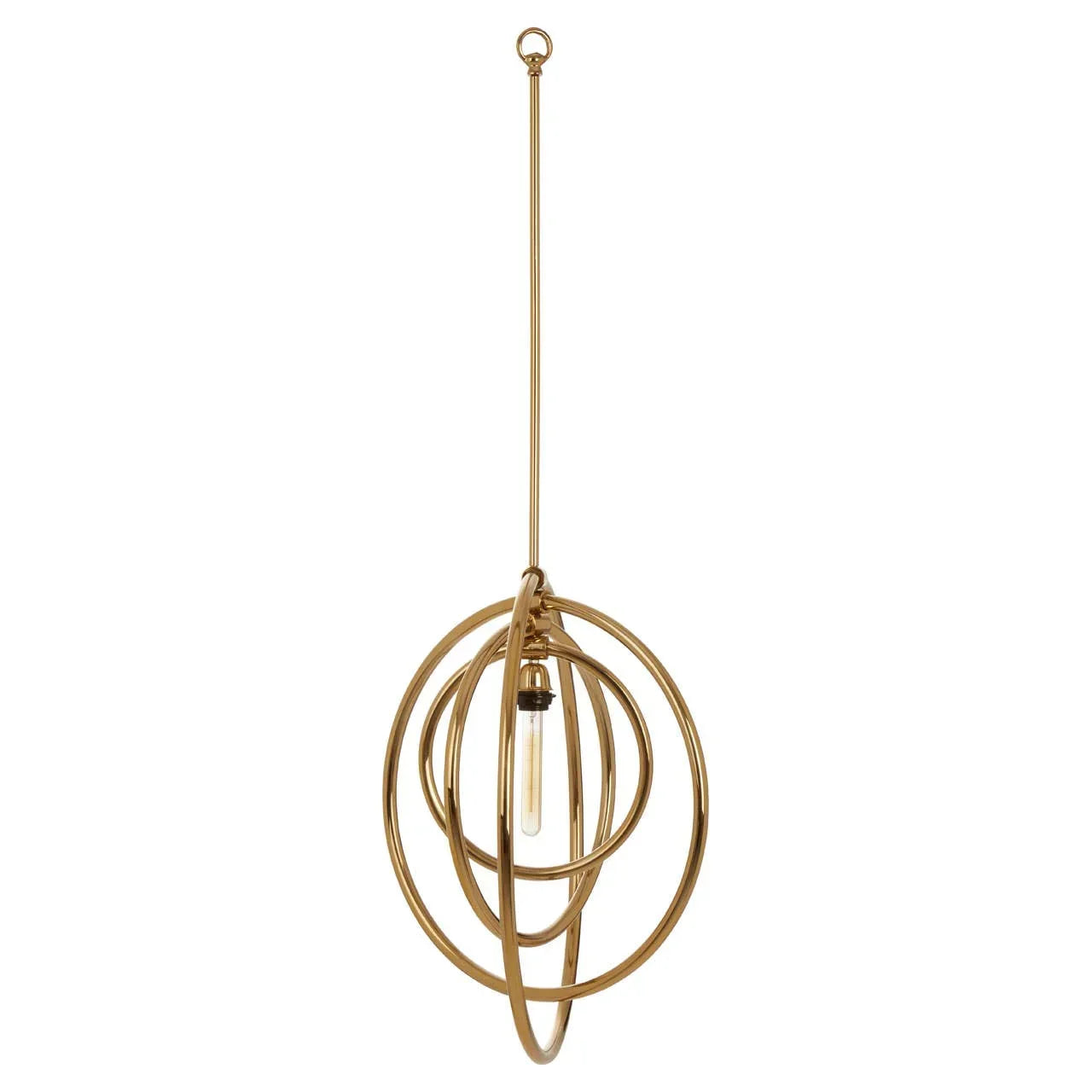 Gold metal pendant light with interlocking rings and exposed bulb, modern ceiling lighting
