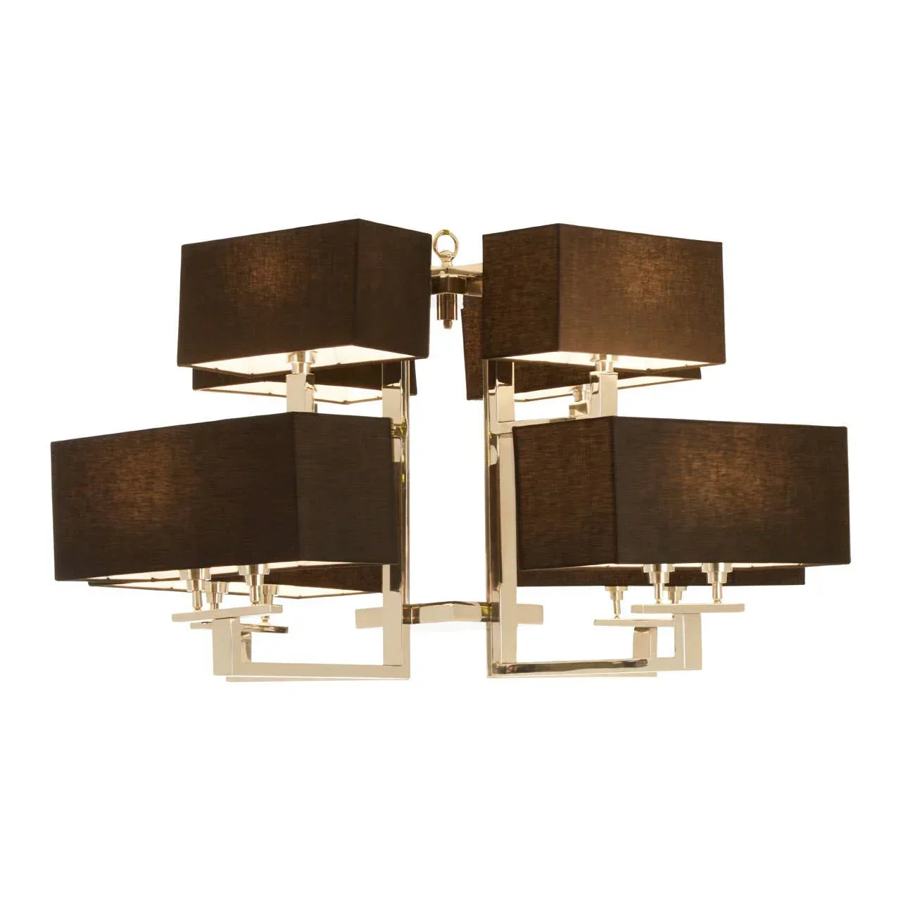 Modern chandelier with black rectangular fabric shades and polished metal frame