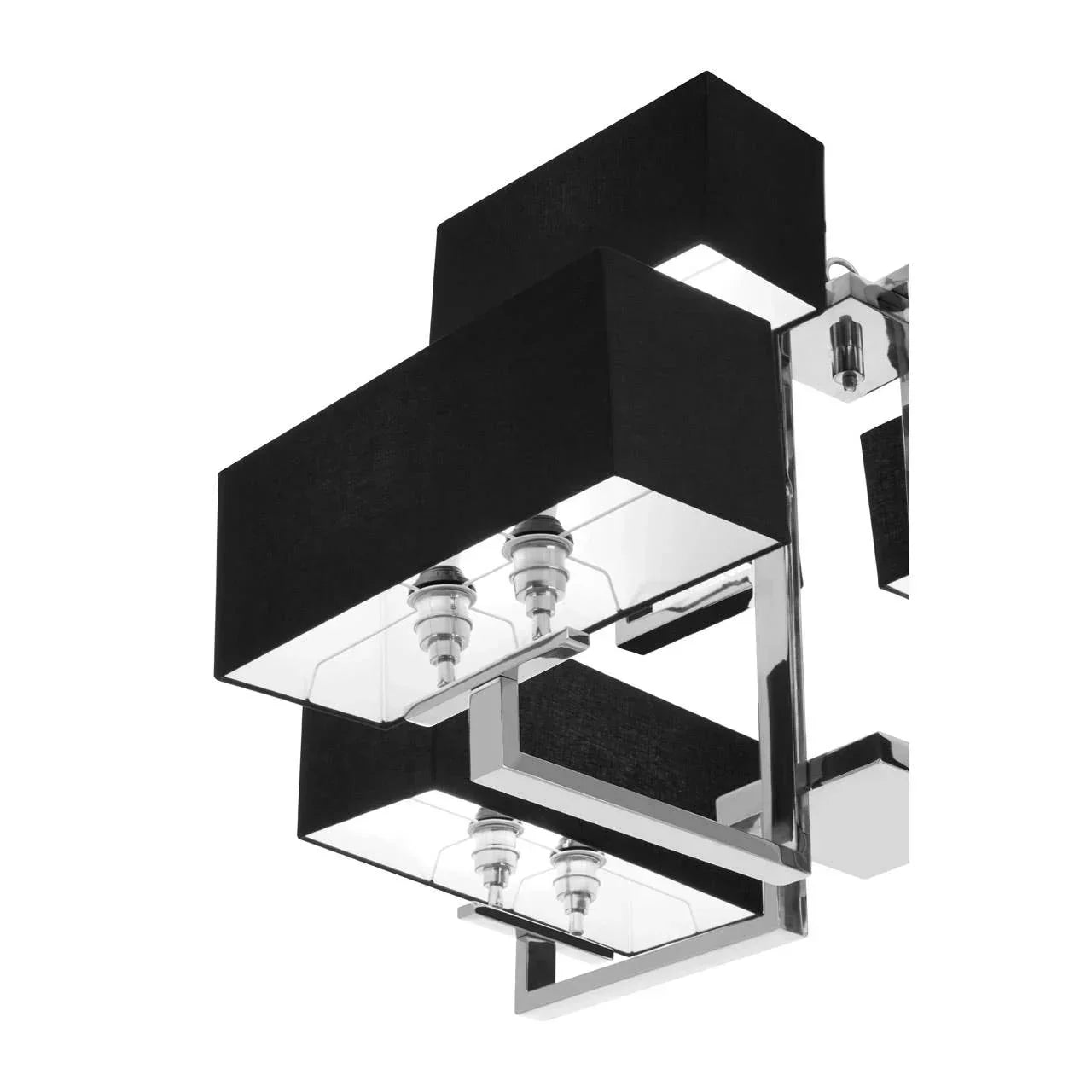 Modern ceiling light with black rectangular shades and chrome geometric metal frame
