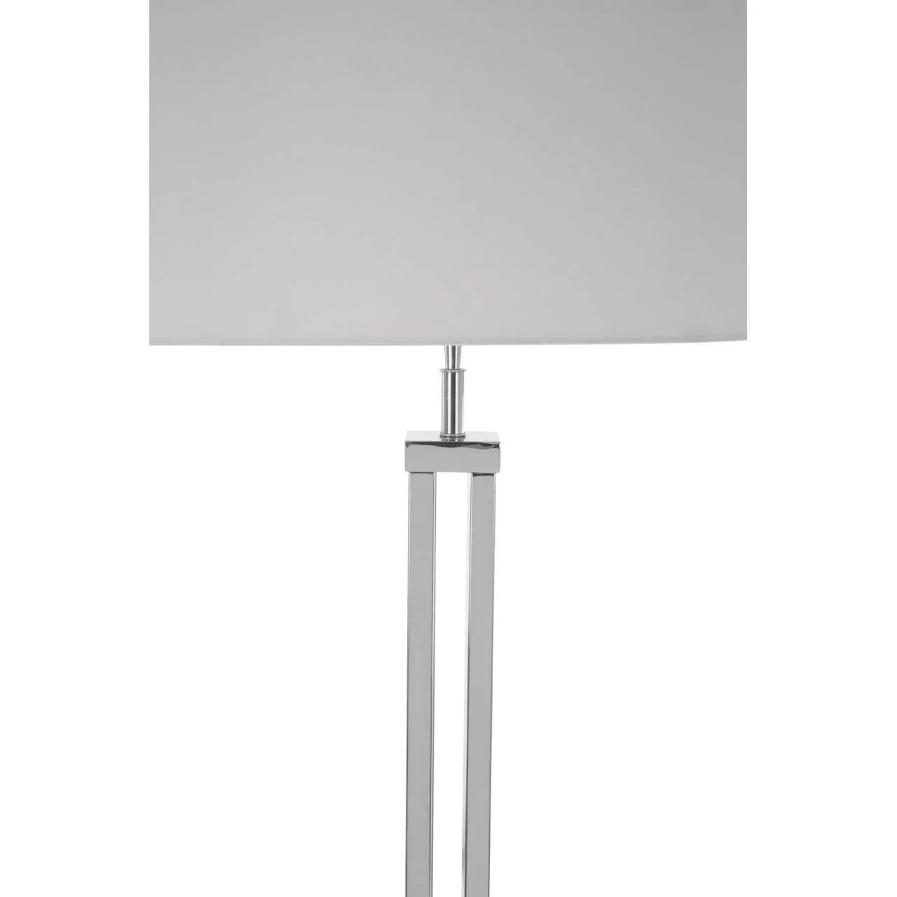 Chrome table lamp with rectangular white shade and modern open frame base