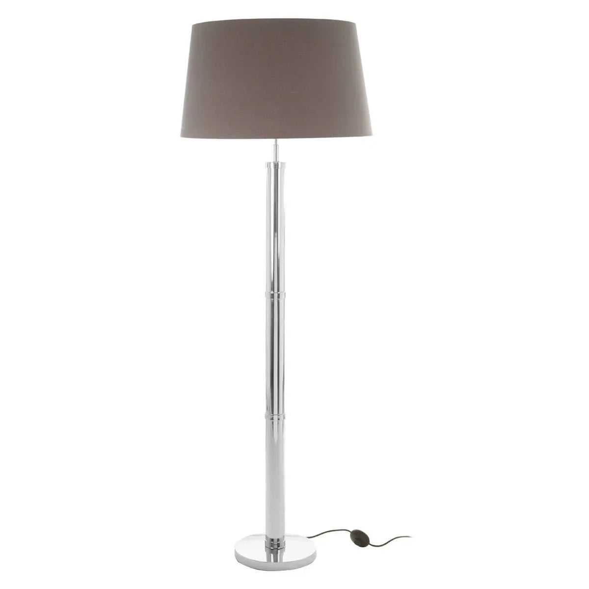 Chrome floor lamp with round base and grey fabric lampshade, black cable visible