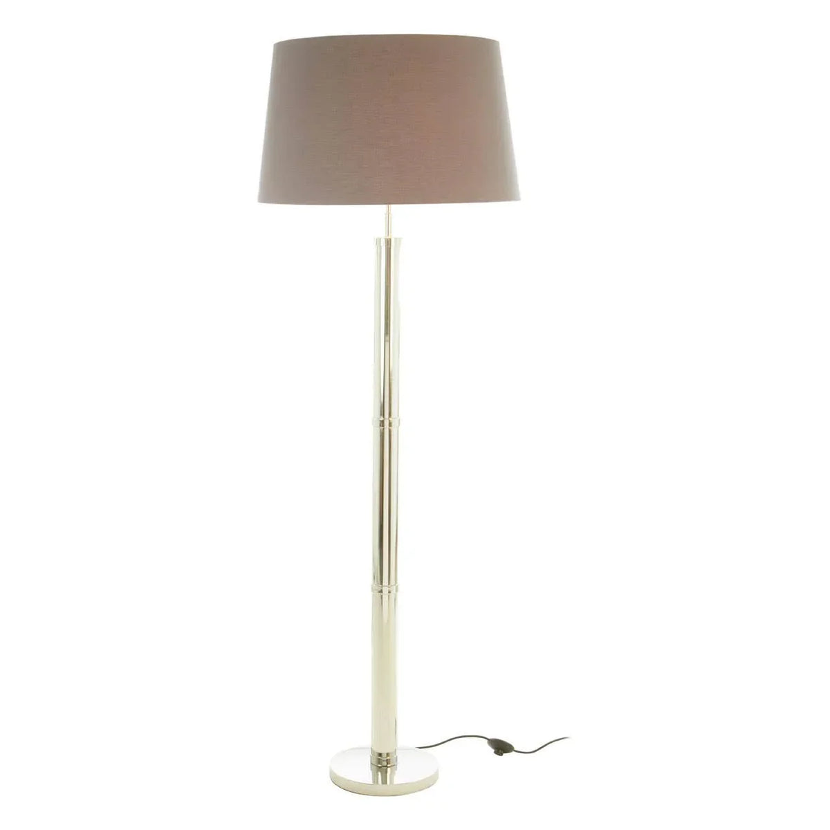 Chrome floor lamp with taupe fabric shade and round base, shown with power cord
